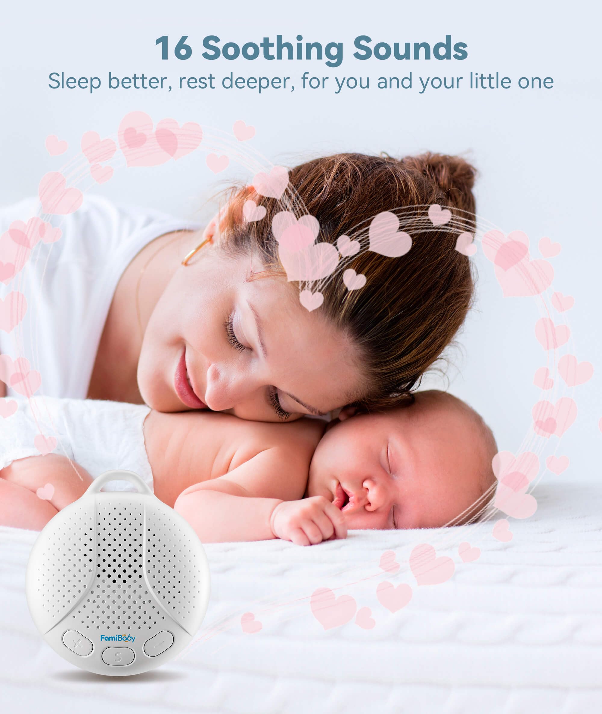 FamiBaby Portable Sound Machine for Baby - White Noise Machine with Night Light for Nursery | 16 Soothing Sounds | Shush | Travel | Registry Gift | Sleep Soother | Baby Shower