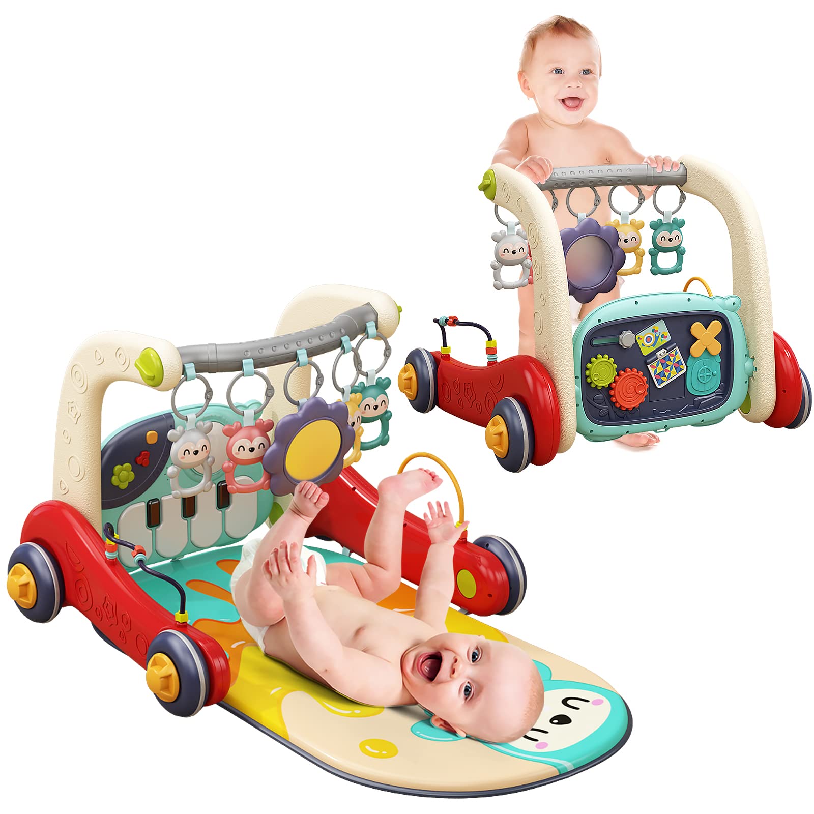 dearlomum 3 in 1 Baby Play Mat Baby Gym, Floor Activity Center and Infant Baby Walker, Play Piano Tummy Time,Boy & Girl Gifts for Newborn Baby Toddler 0 to 3 6 9 12 Months(Red)