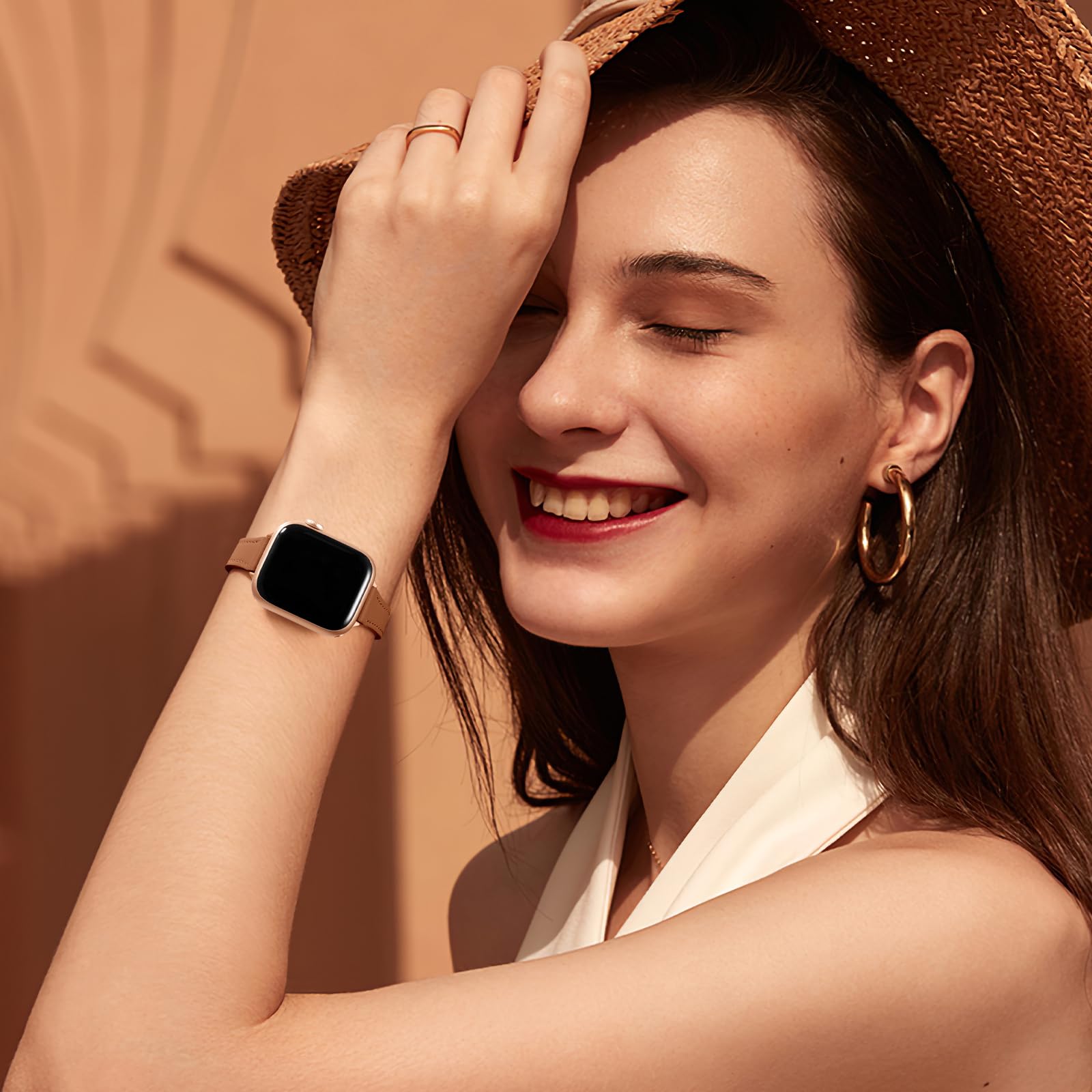 Charlam Slim Leather Band Compatible with Apple Watch Band 40mm 38mm 41mm 42mm 44mm 45mm 46mm Women,Top Grain Genuine Leather Strap Thin Wristband for iWatch Series 10 9 8 7 6 5 4 3 2 1 SE Ultra,Brown