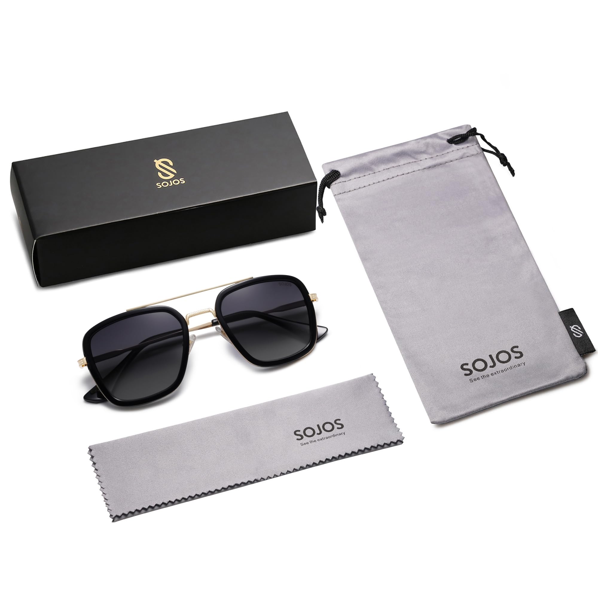 SOJOS Retro Square Polarized Sunglasses for Men Women Goggle Classic Alloy Frame HERO SJ1126 with Gold Frame/Black Rim/Gradient Grey Lens