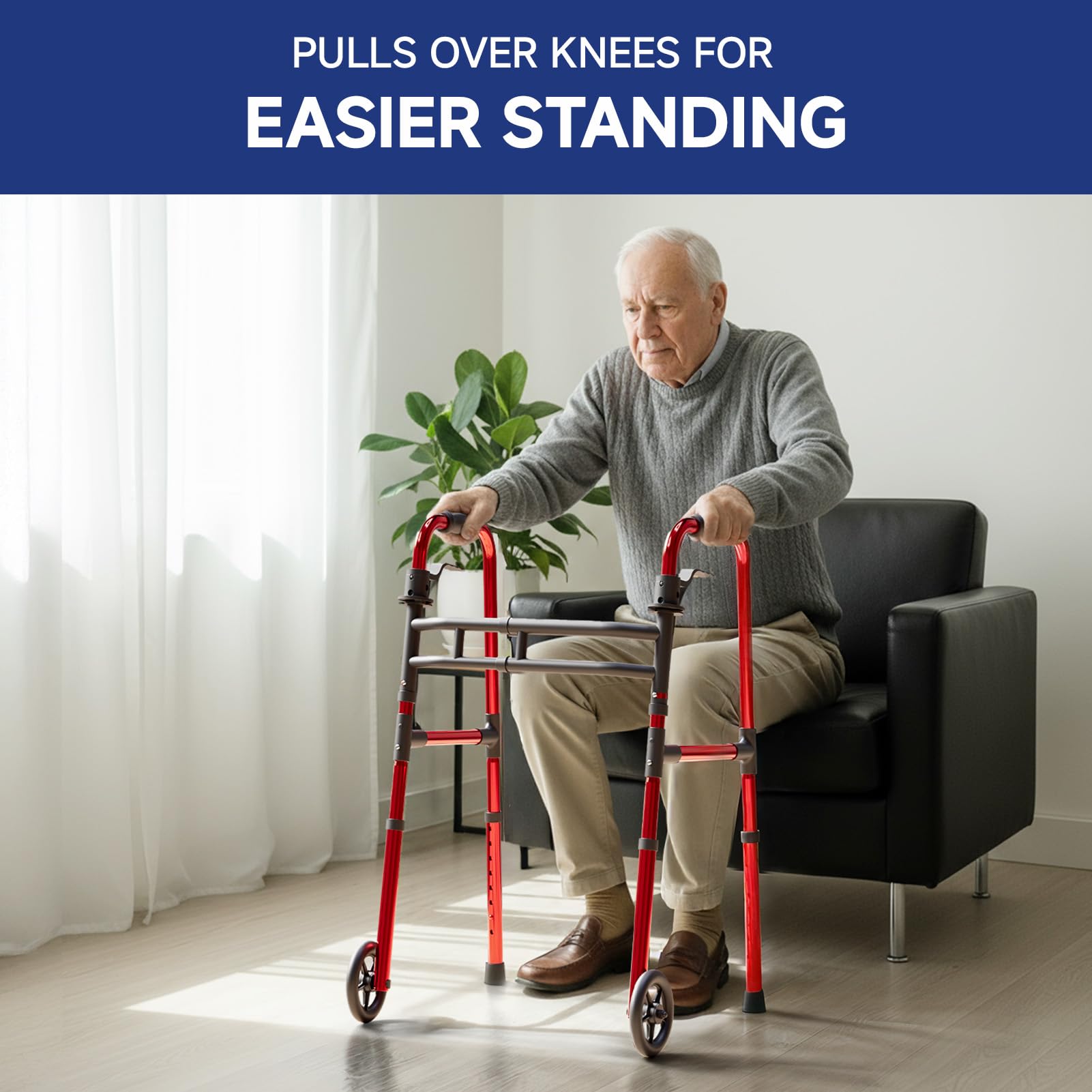 Loyoda Walkers for Seniors Foldable, Aluminum Lightweight Walker with Wheels, Adjustable Height & Width Standard Walkers for Elderly & Disabled, 350 lbs Capacity, Red