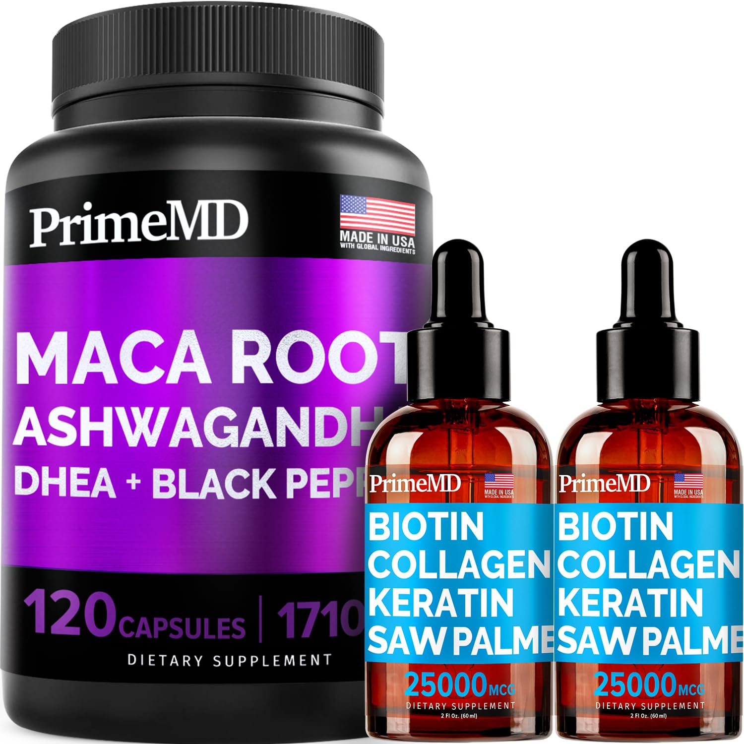4-in-1 Liquid Biotin Collagen Keratin Saw Palmetto Drops (2 fl oz - 2 Pack) & 6-in-1 Maca Root Ashwagandha w Black Pepper Fruit (120ct) Bundle - Hair, Skin, Nails, Energy & Mood Support Supplement