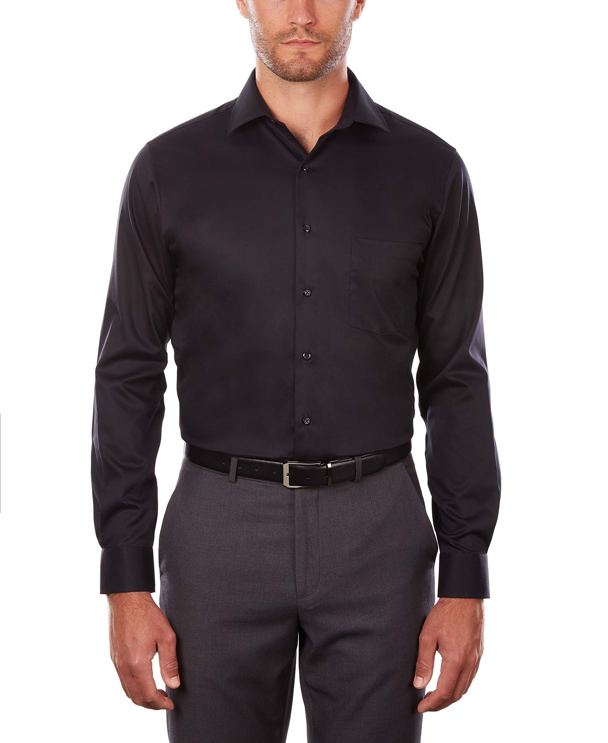Van Heusen Men's Dress Shirt Regular Fit Flex Collar Stretch Solid, Black, 18" Neck 34"-35" Sleeve