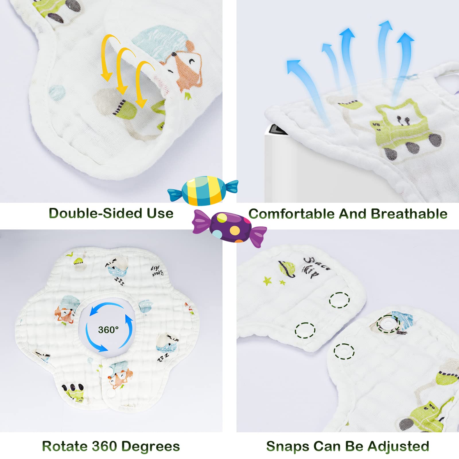 8-Pack 360Β° Rotate Organic Cotton Baby Bibs, Newborn Muslin Bibs For Teething And Drooling,Unisex Baby Bibs For Toddler, Adjustable With Snaps, Super Soft & Absorbent Baby Bibs For Boys And Girls.