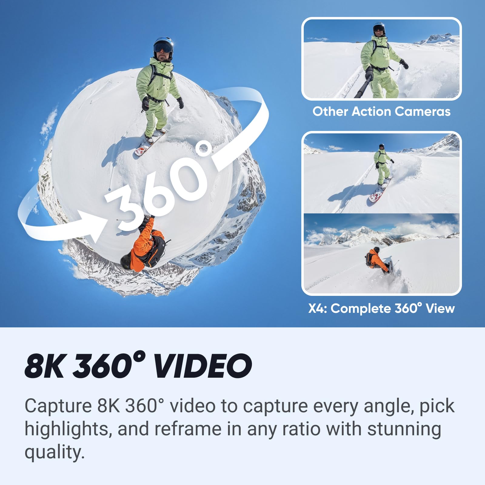 Insta360 X4 Snowboard Bundle - 8K Waterproof 360 Action Camera, 4K Wide-Angle Video, Invisible Selfie Stick Effect, Removable Lens Guards, 135 Min Battery Life, AI Editing, No Micro SD Card