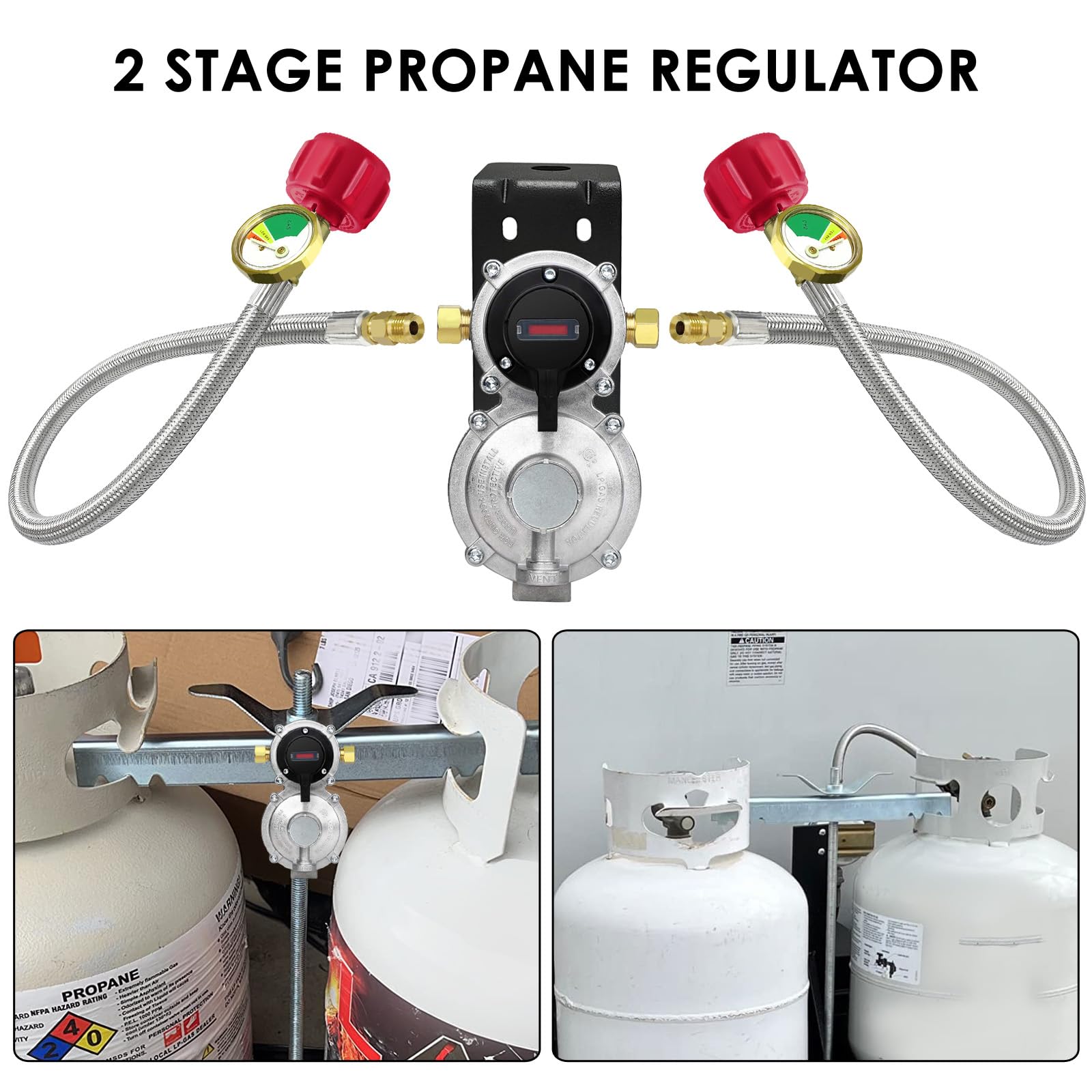 MEFUN RV Propane 2-Stage Auto Changeover LP Propane Gas Regulator with Two 18" RV Pigtail Propane Stainless Braided Hoses with Gauge, Dual Propane Tank Regulator for RVs, Vans, Trailers,Camper