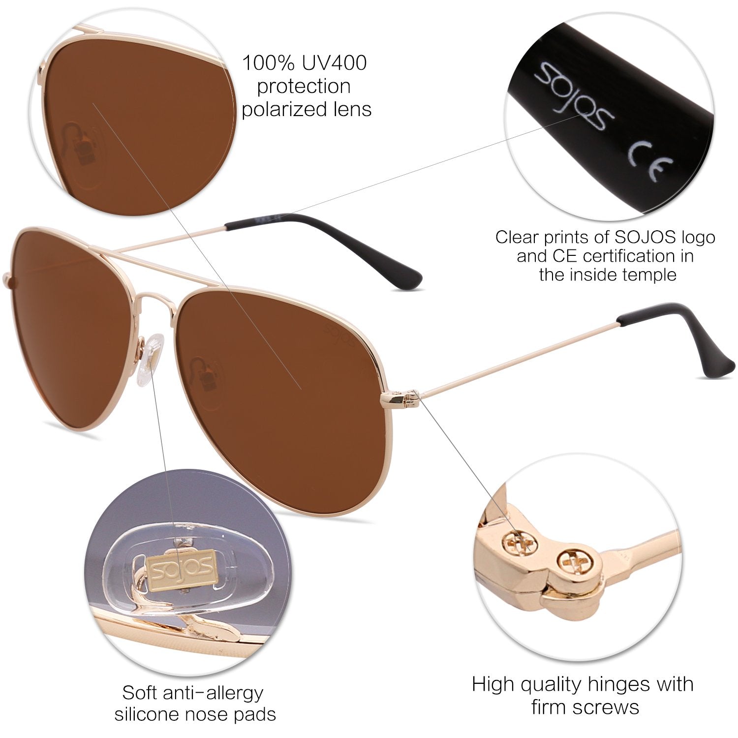 SOJOS Classic Aviator Polarized Sunglasses for Men Women Vintage Retro Style,Gold/Brown