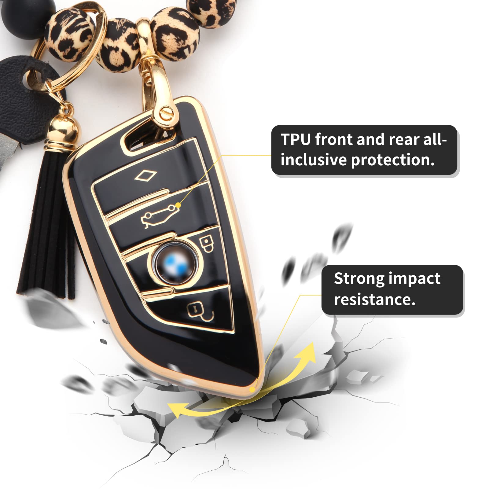QfungYe Compatible For BMW 2 3 5 6 7 X1 X2 X3 X4 X5 X6 Series Wristlet Key Fob Cover,Anti-Fingerprint Special TPU Key Case,For Women Accessories(Black)