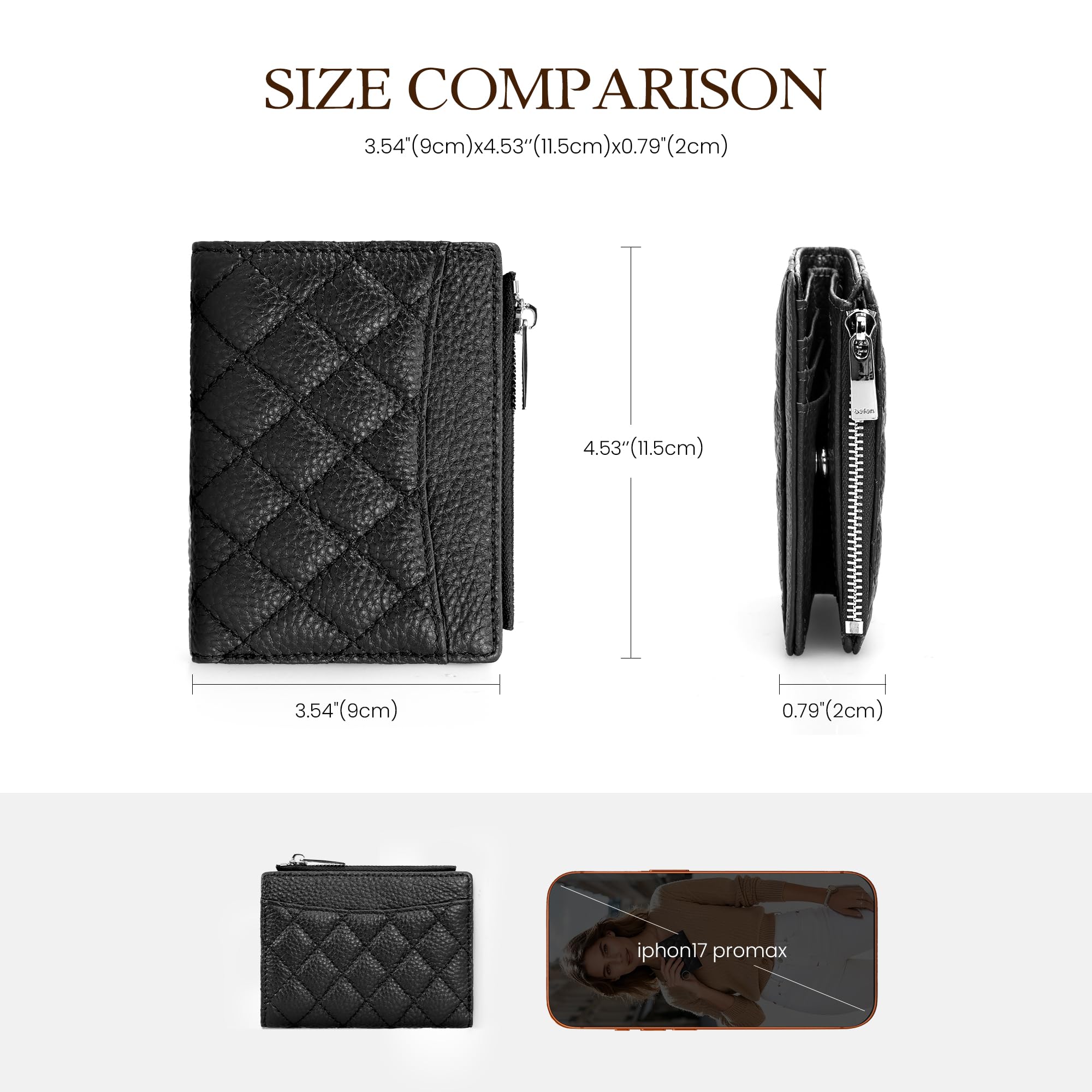 befen Genuine Leather RFID Wallet Women, Small Slim Keychain Wallets with Card Slots, Zipper Coin Holder - Black