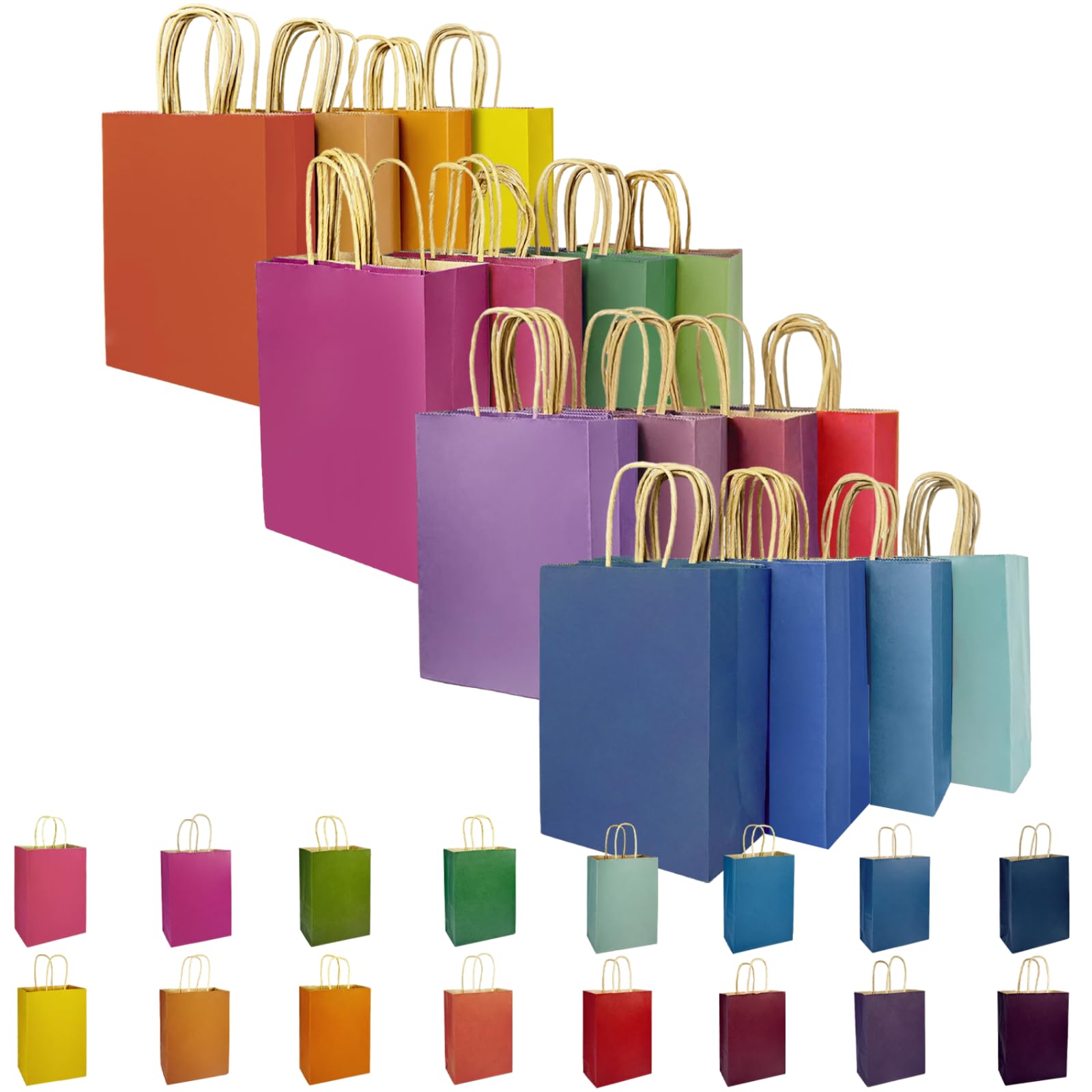 qiqee 32-Packs Paper Bags with Handles Bulk 8.26"×6"×3.15" Small Gift Bags 16 Different Senior Color Bags Multiple Uses(Small Size)