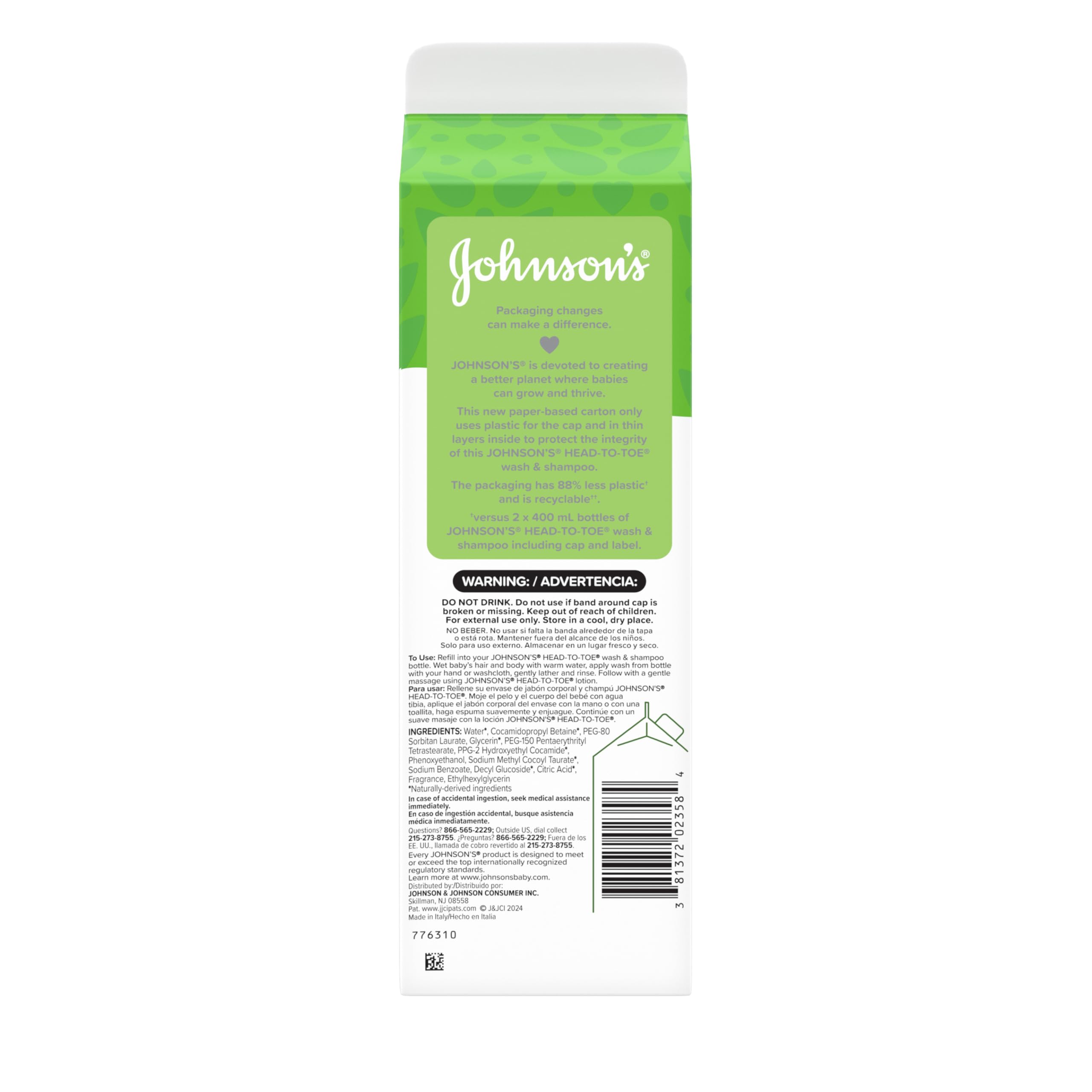 Johnson's Head-To-Toe Gentle Baby Body & Hair Wash, Tear-Free, Sulfate-Free & Hypoallergenic for Sensitive Skin, Value Size Refill, 33.8 fl. oz