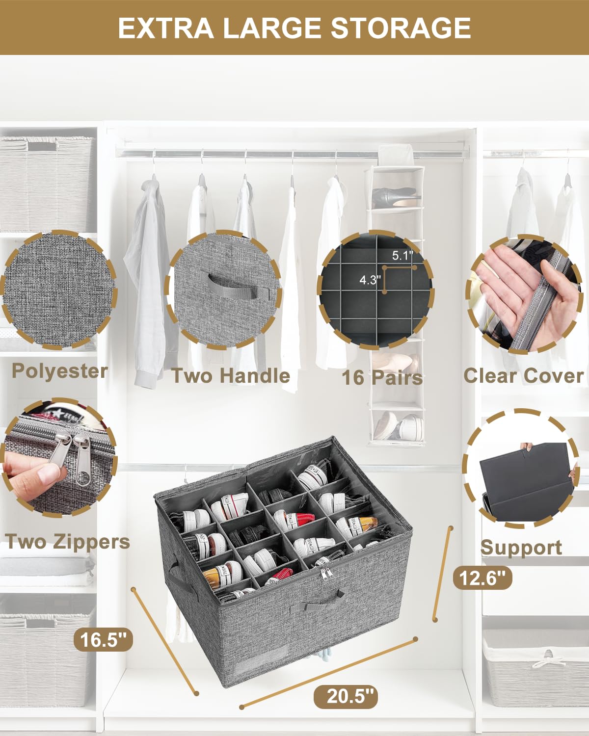 NEATJELAI Shoe Organizer for Closet, Collapsible Shoe Storage Organizer with Clear and Adjustable Cover, Space Saving Shoe Box Closet Shoe Organizer with Handle, Fits 16 Pairs, Grey