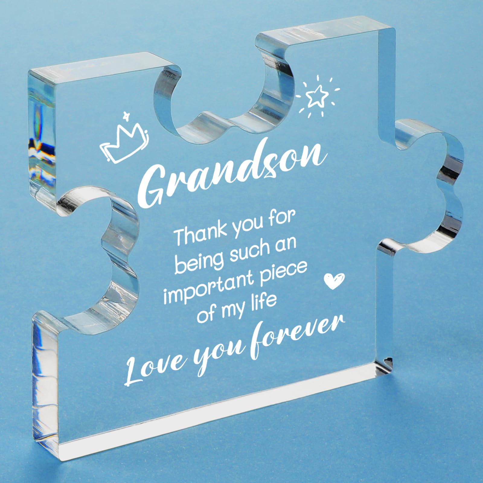 Funnli Grandson Gifts from Grandma Acrylic Puzzle Plaque - Christmas Valentines Day Fathers Day Birthday Gifts for Grandson 3.35 x 2.76 Inch Desk Decorations