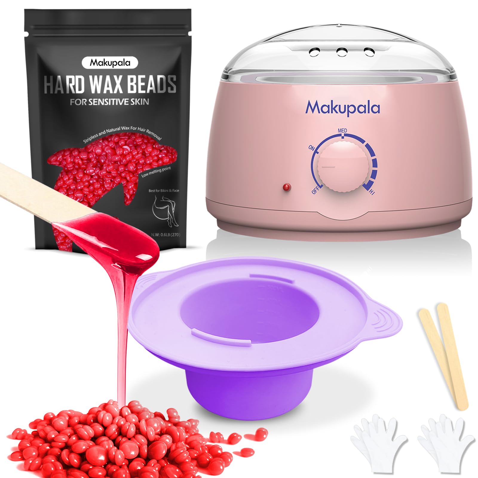 Wax Warmer for Hair Removal, Professional At-Home Wax-Melting Machine, Brazilian Waxing Heater Kit with 500ml Silicone Pot, 0.6lb Christmas Red Hard Wax Beads for Sensitive Skin, Bikini and Full-Body