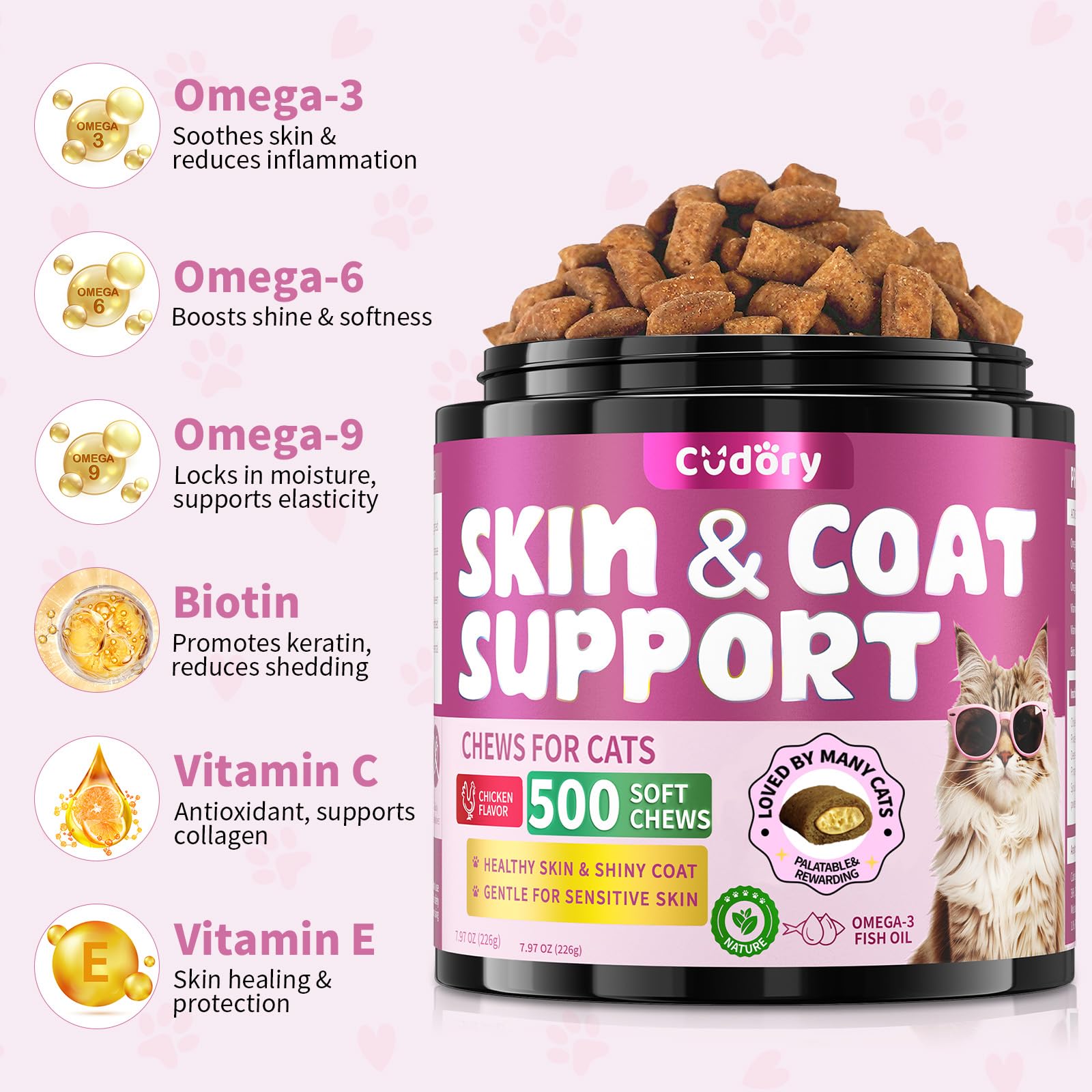 Natural Skin and Coat Support for Cats - Crunchy & Creamy Chews with Omega 3, Biotin & Vitamin E for Healthy Skin, Shiny Fur, Cat Supplements & Vitamins -Chicken(500 Chews