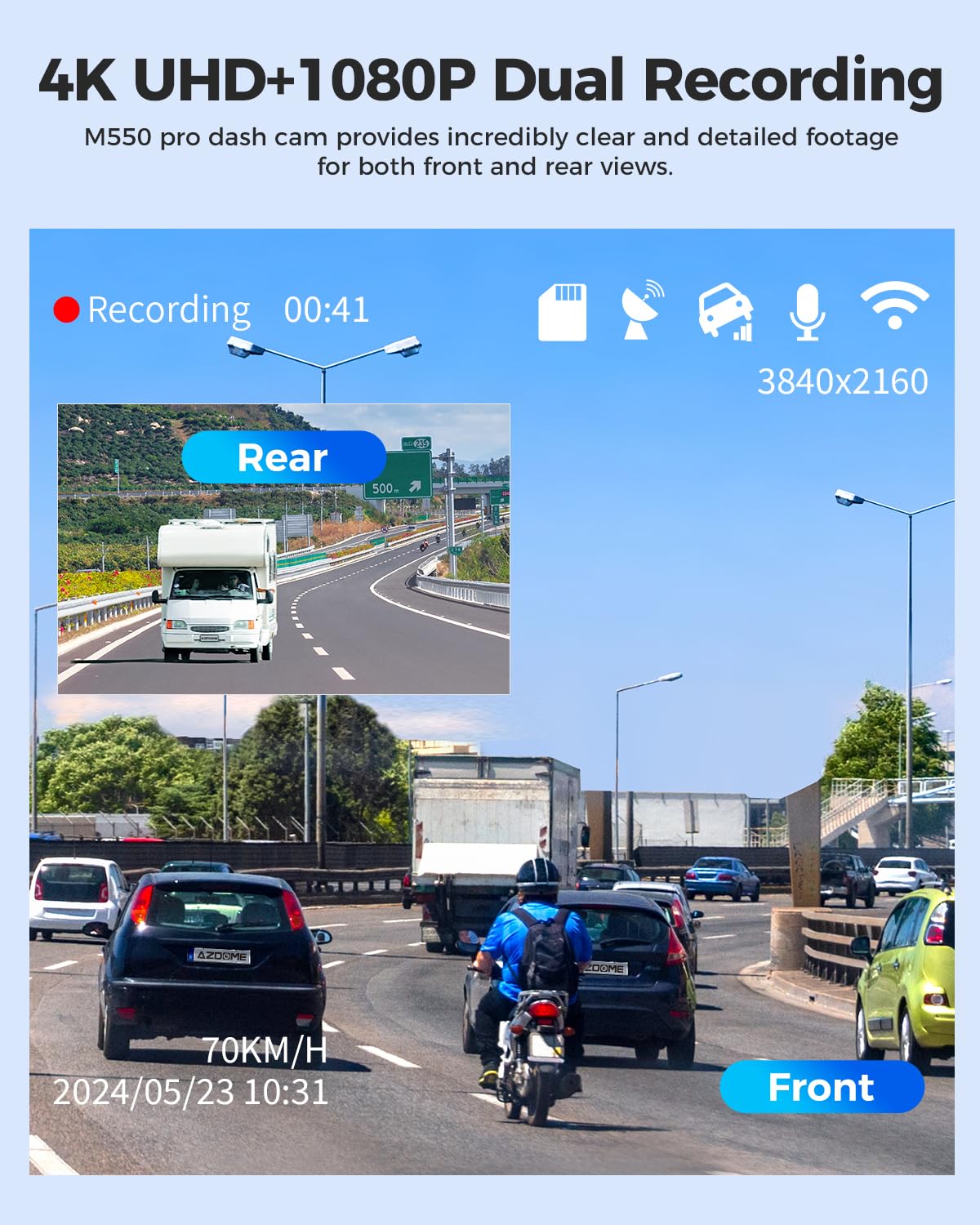 AZDOME M550 Pro 4K Dash Cam Front and Rear, Free 64GB Card, 5GHz Wi-Fi GPS Car Camera, 3.18'' IPS Screen Dashcam, APP Control 150° Wide Angle, WDR Night Vision, G-Sensor Parking Mode
