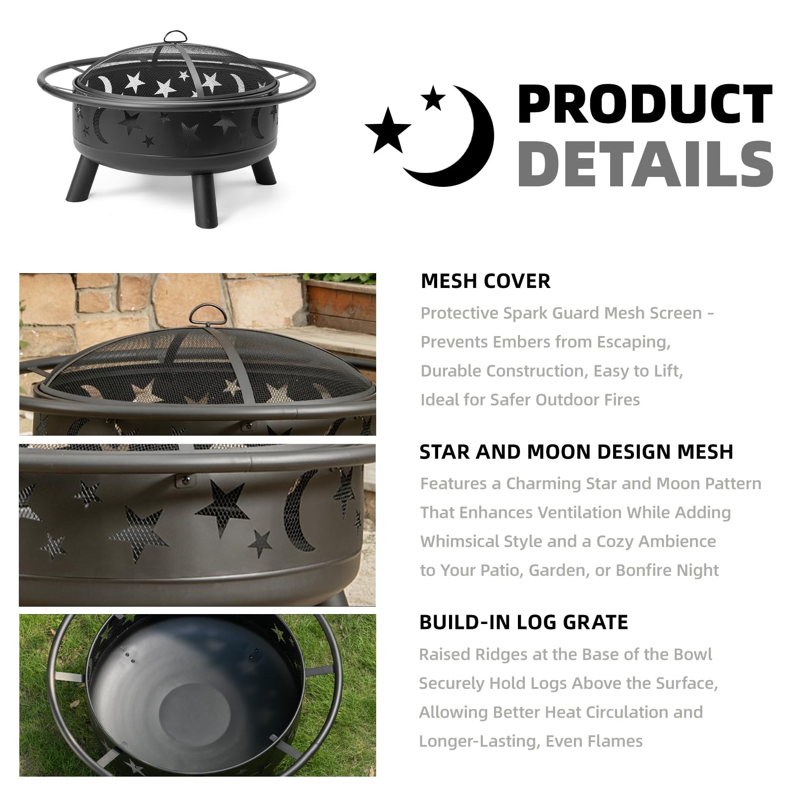 Grovelli 38" Round Wood Burning Fire Pit with Mesh Cover, Fire Poker, Star & Moon Cutouts, Metal Outdoor Firepit for Patio, Backyard, Garden, Bonfire, Camping, Christmas, Thanksgiving, Halloween