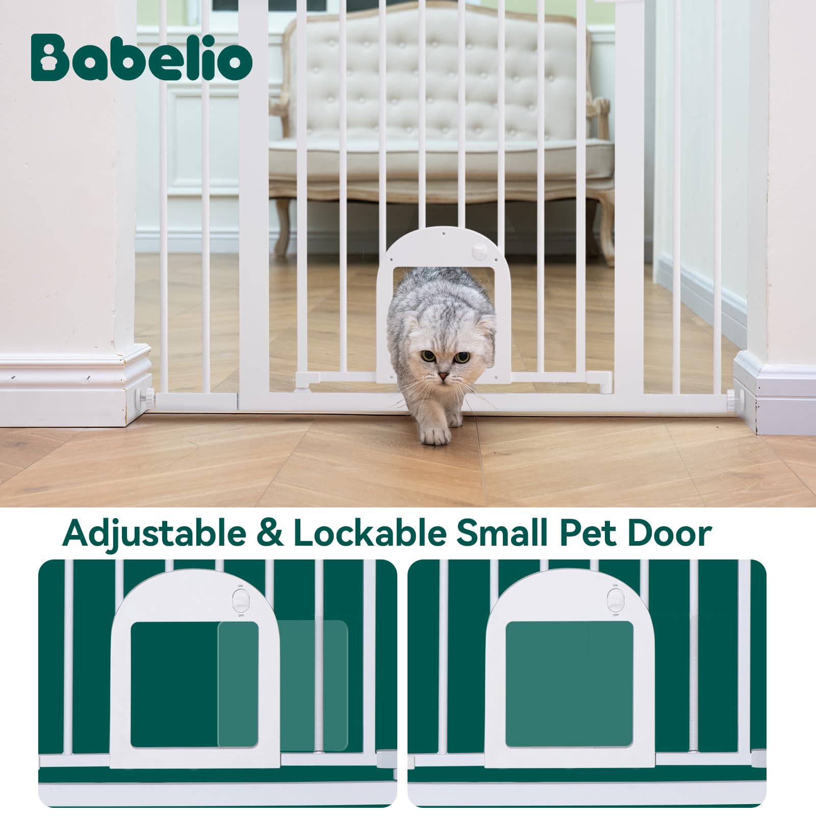 Babelio Baby Gate with Adjustable Cat Door, 29-43" Auto Close Durable Dog Gate for Stairs, Doorways and House, Easy Walk Thru Safety Gate with Pet Door, White