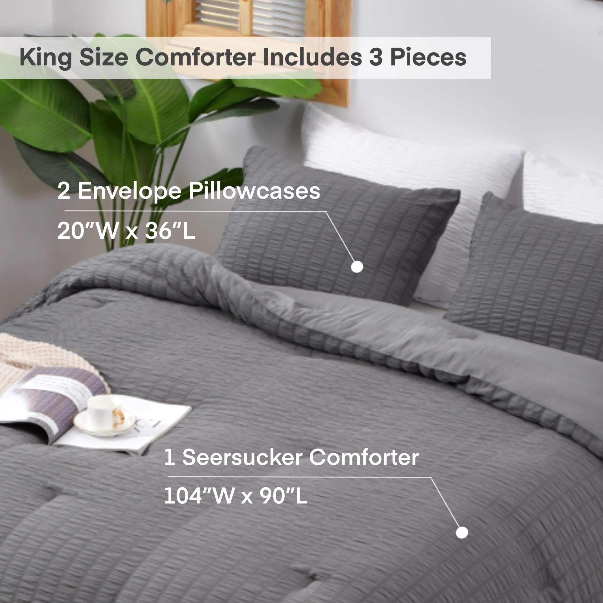 AveLom Seersucker King Comforter Set (104x90 inches), 3 Pieces - 100% Soft Washed Microfiber Lightweight Comforter with 2 Pillowcases, All Season Down Alternative Comforter Set for Bedding, Gray