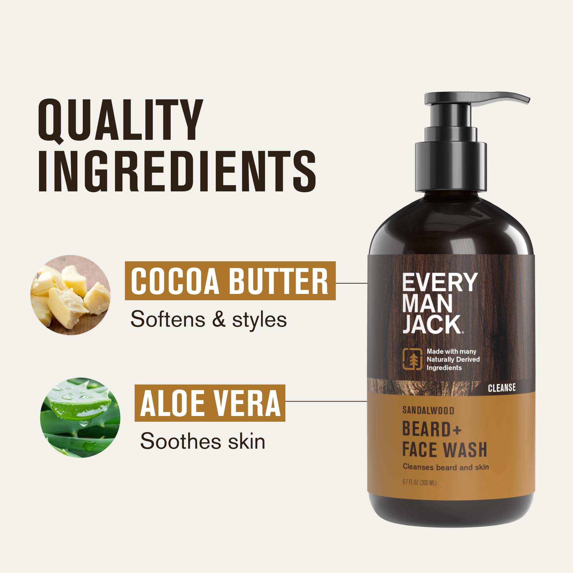 Every Man Jack Sandalwood Beard Wash - Cleanse, Soften, and Hydrate for a Healthier Beard - Made w/Naturally Derived Ingredients like Aloe Vera and Coconut - 6.7 oz - 2 Pack