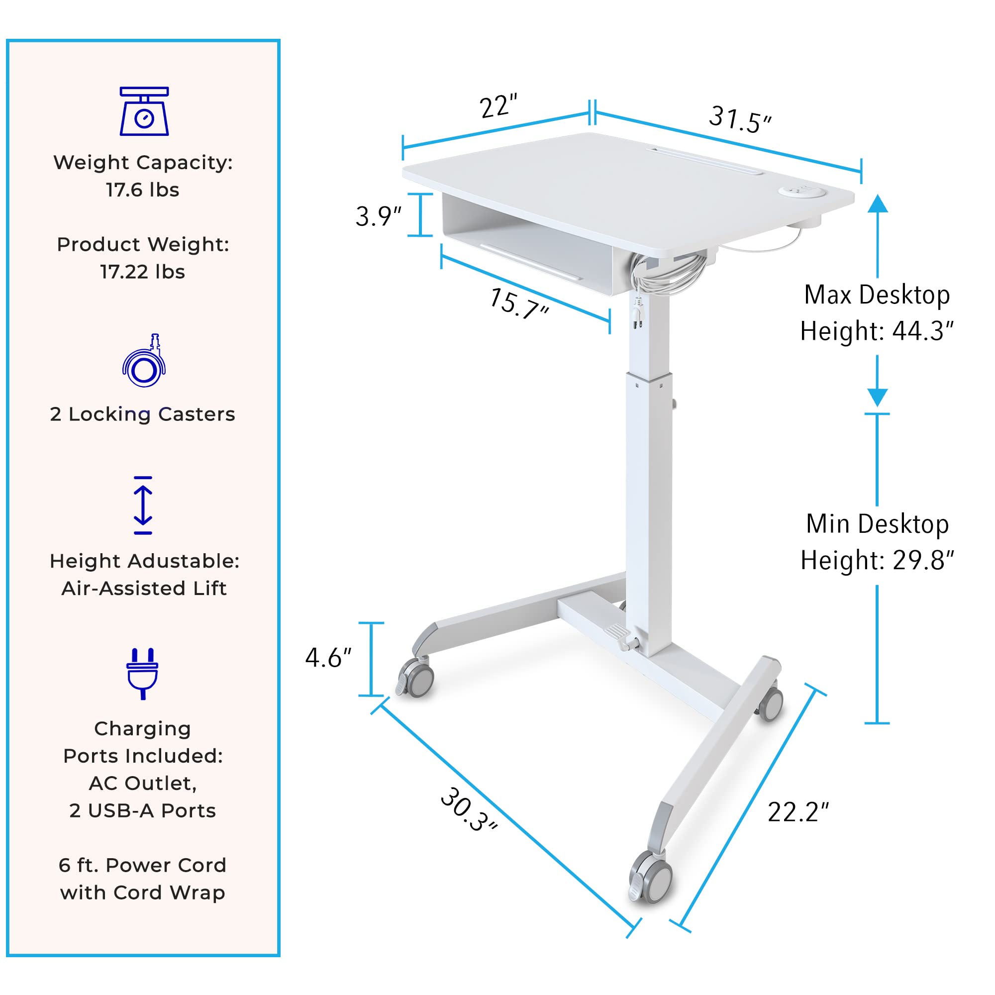Stand Steady Cruizer™ Mobile Podium with UL Safety Certified Power Outlets | 31in Height Adjustable Student Desk with Built-In Storage | Portable Standing Desk | Rolling Laptop Desk (White/31 x 22in)