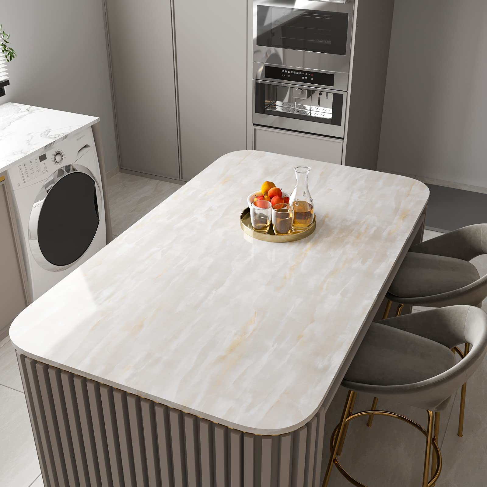 CHIHUT 17.7"x236" Beige Marble Countertop Peel and Stick Countertops Waterproof Self Adhesive Vinyl Beige Marble Wallpaper Glossy Removable Kitchen Wallpaper for Tables Countertop Covers Bathroom