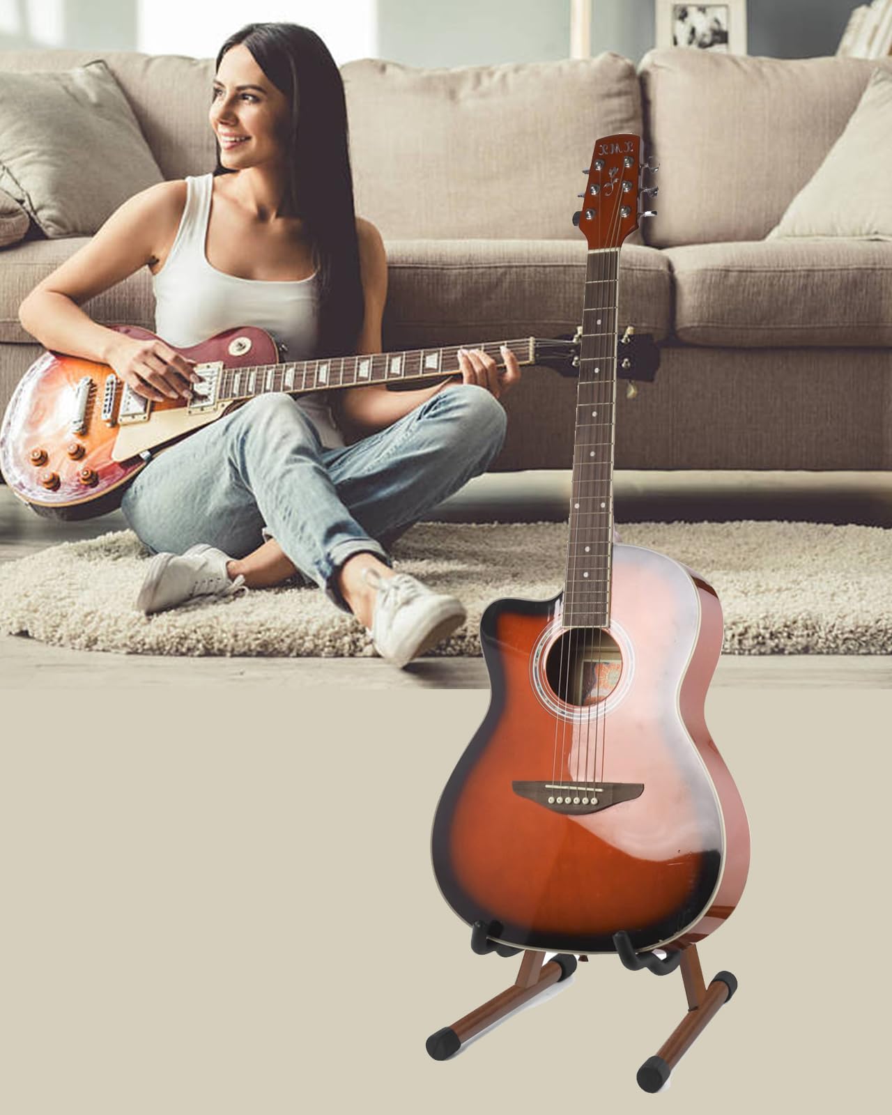 Syncoost Wood Guitar Stand with Tuner, Acoustic Wooden Floor Stand with Padded Foam, Adjustable for Electric, Bass, Mandolin, Banjo, Ukulele - A-Frame Folding Holder, include Guitar Tuner Clip On