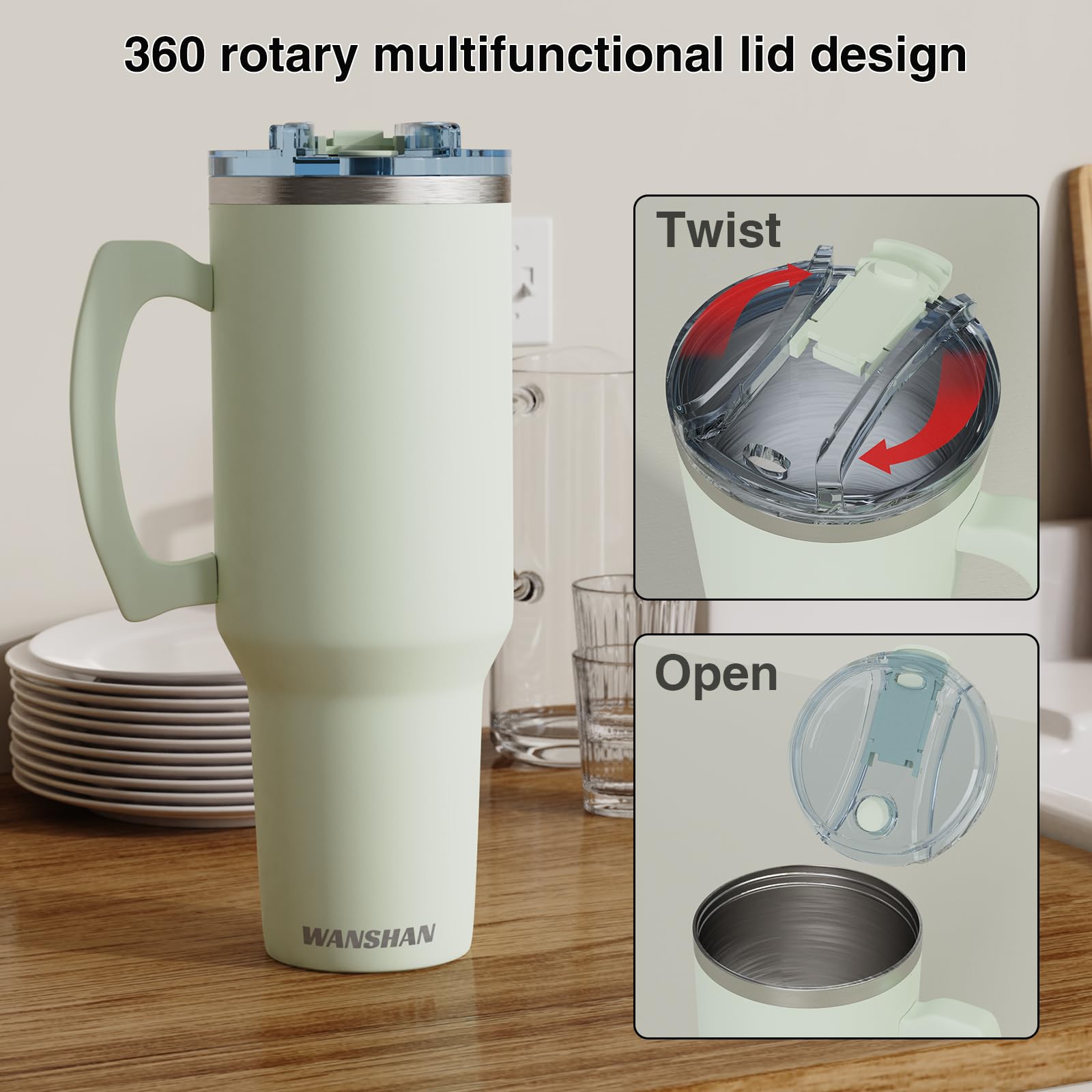 WANSHAN 40 oz Tumbler with Handle and Straw Lid - Steel water bottle Travel Mug Iced Coffee Cup, Insulated Reusable Stainless