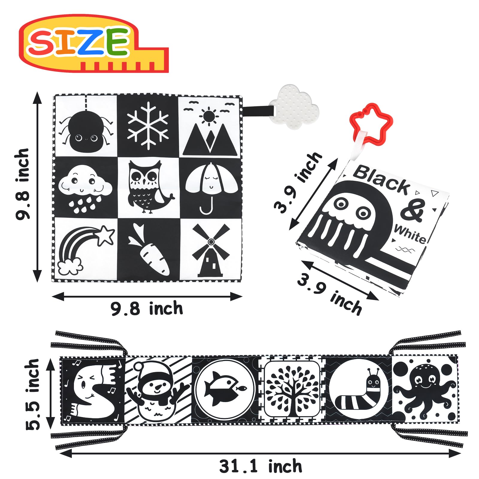 KUANGO Newborn Toys Black and White Baby Toys 0-3 Months High Contrast Baby Toys for Newborn - High Contrast Baby Soft Book Infant Tummy Time Toys Crinkle Sensory Toys for Brain Development