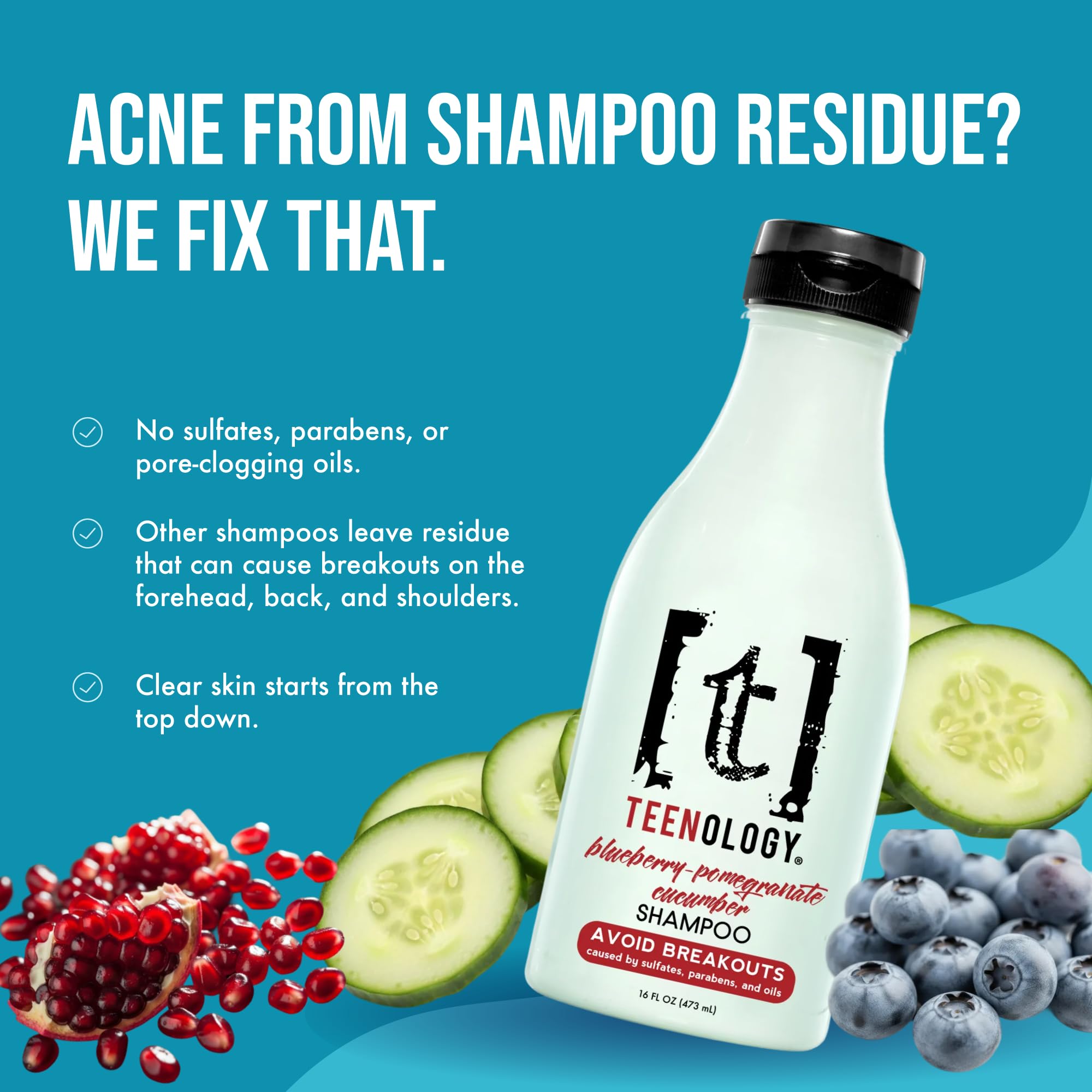 Teenology Shampoo for Teens - Avoid Forehead and Body Breakouts - No Sulfates or Parabens, Noncomedogenic, Natural Botanical Extracts, 16 oz. (Blueberry Pomegranate Cucumber)