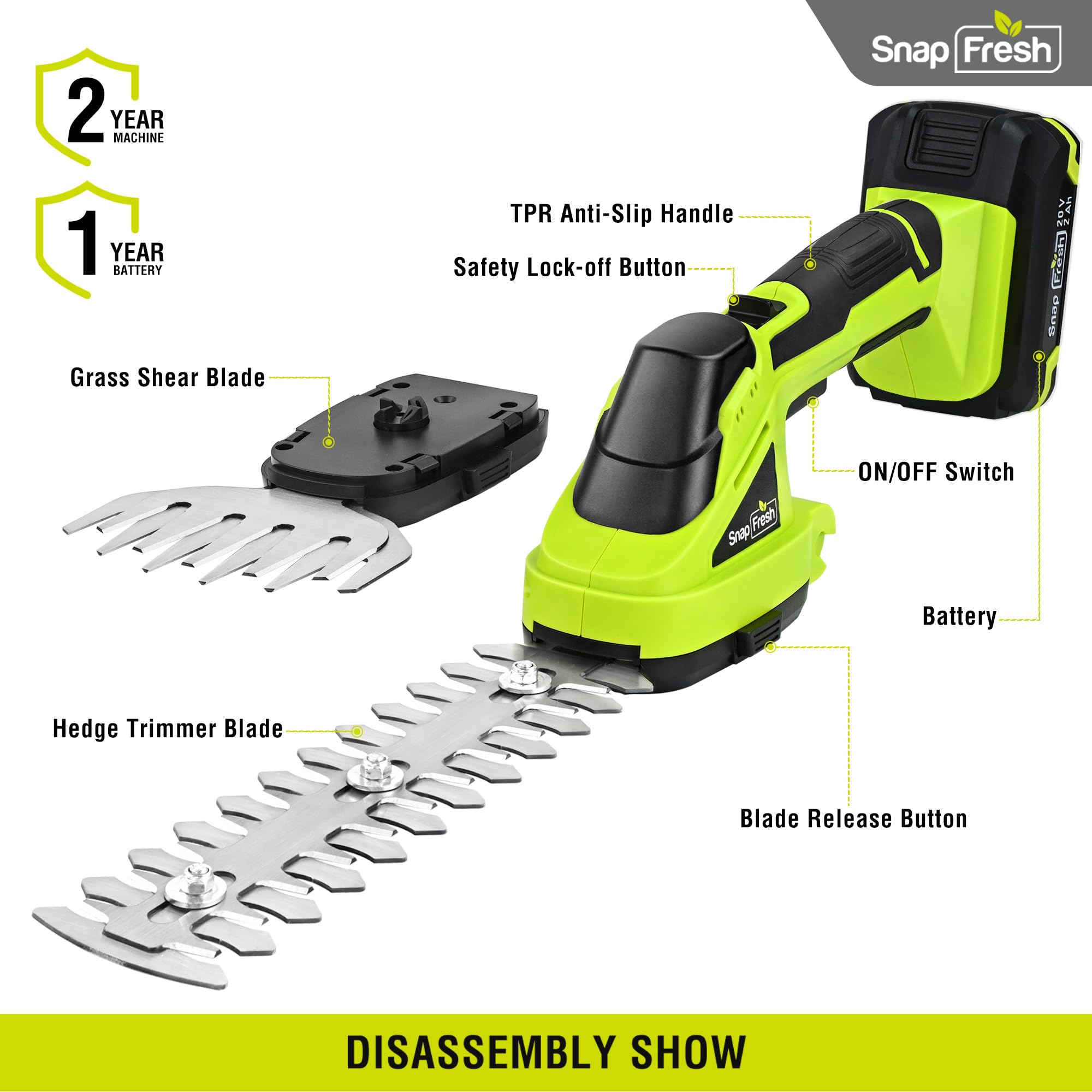 SnapFresh 20V Hedge Trimmer Cordless, 2 in 1 8.67" Electric Shrub Trimmer and 4.72” Grass Shears with 2.0Ah Li-ion Battery and Charger, Handheld Grass Cutter/Bush Trimmer for Garden Yard