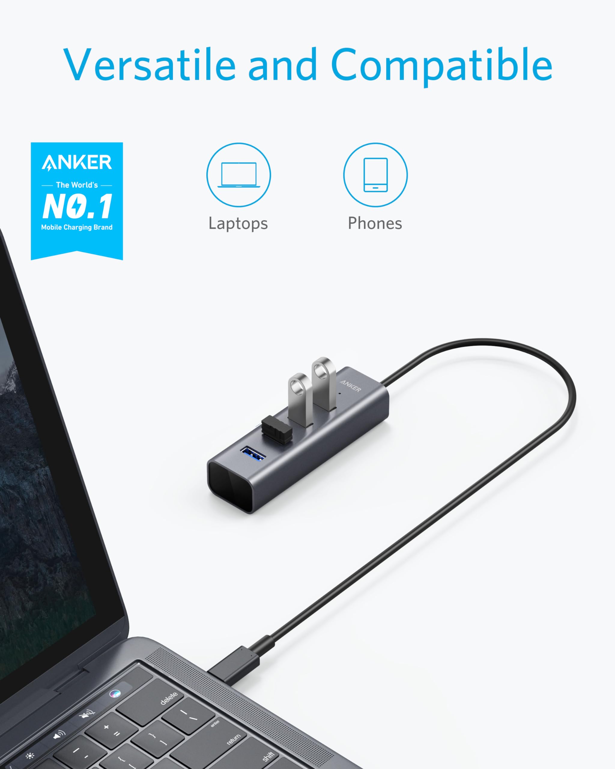 Anker USB C Hub, 4 USB 3.0 Ports, Aluminum USB-C toUSBAdapter, Compatible with MacBook Pro 2018/2017, ChromeBook, XPS, Galaxy S9/S8, and More Devices