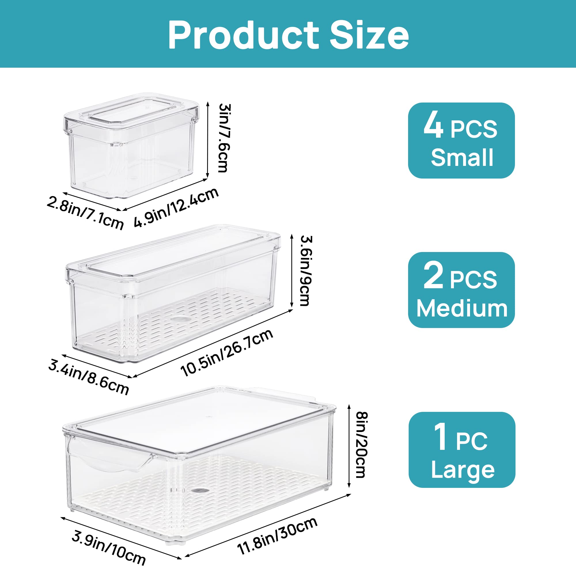 Vtopmart Set of 7 Fridge Organizer, Stackable Fruit Storage Containers for Fridge with lids, BPA-Free Refrigerator Organizer Bins with Drain Tray for Vegetables, Fruits, Food, Drinks