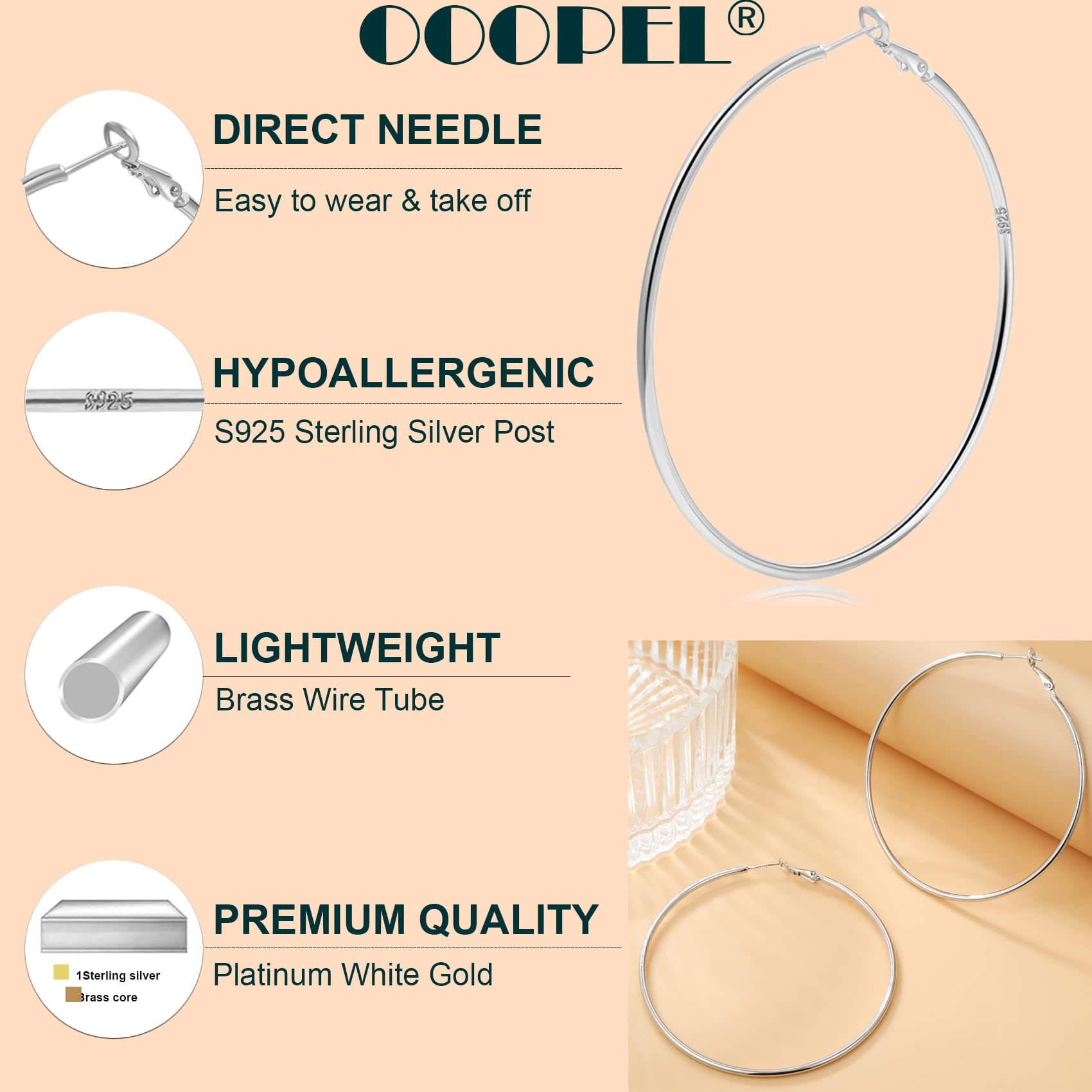 OOOPEL 2mm Sterling Silver Big Hoop Earrings For Women Girls Large Hypoallergenic Circle Endless Thin Hoop Oversize