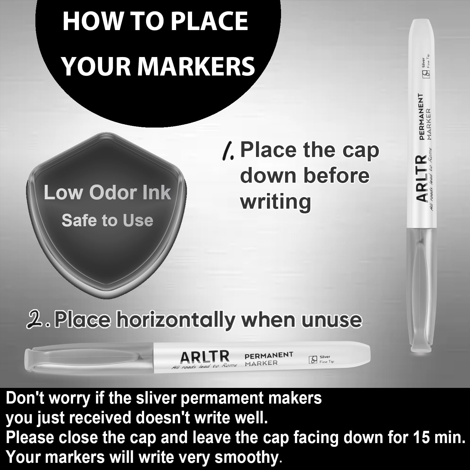ARLTR Silver Metallic Permanent Markers, 24 Pack Silver Metallic Marker Pens for Artist Illustration, Industrial Marking, DIY Crafts, Gift Card Making