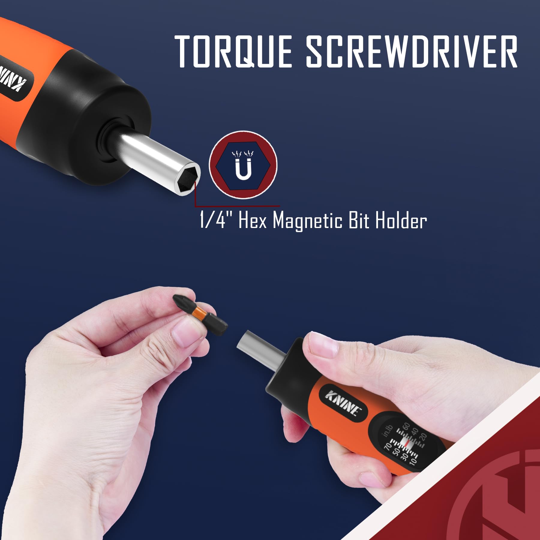 KNINE OUTDOORS Torque Screwdriver Wrench Driver Set 10-70 Inch Pounds lbs for Maintenance, 21 Hex Bits, Shaft Extension, For Tools, Bike Repairing and Mounting, Orange