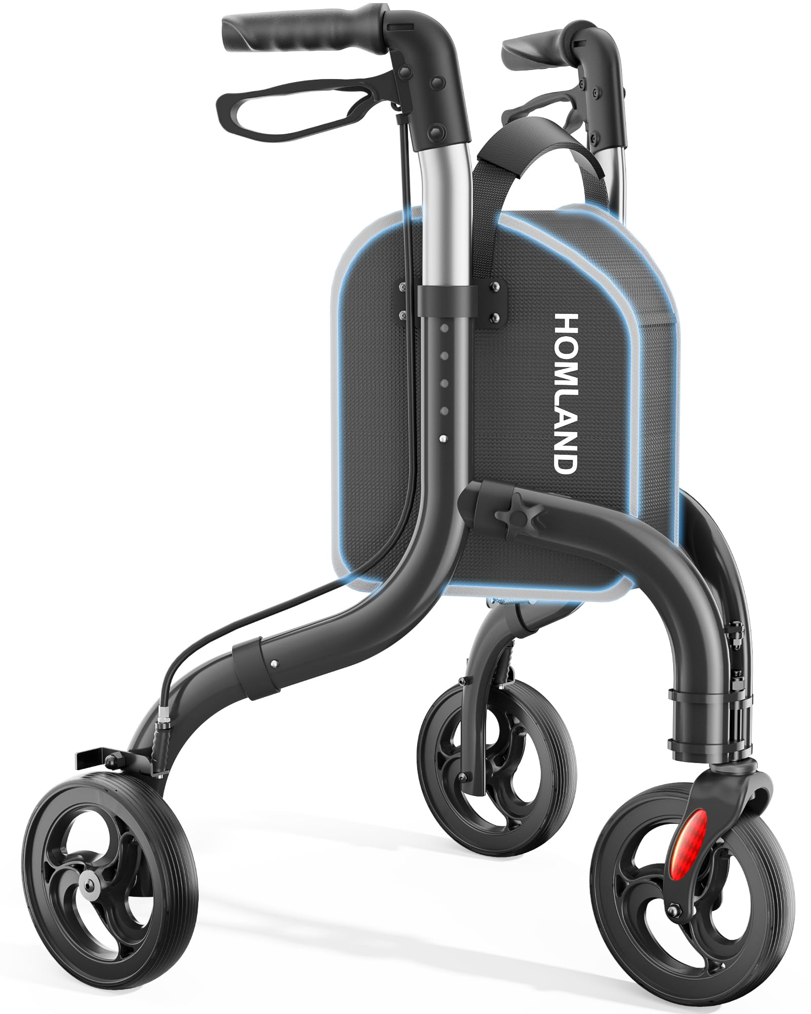 HOMLAND 3 Wheel Walkers for Seniors, Lightweight Foldable Aluminum Three Wheel Walker, Height Adjustable Compact Rollator Walker with Removable Storage Bag
