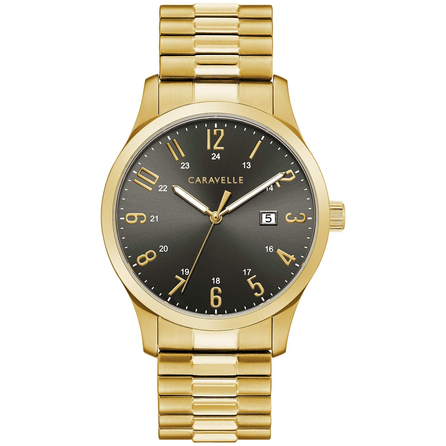 Caravelle by Bulova Men's Traditional Gold Tone Stainless Steel 3-Hand Date Quartz Watch with Expansion Band,40mm Style: 44B126