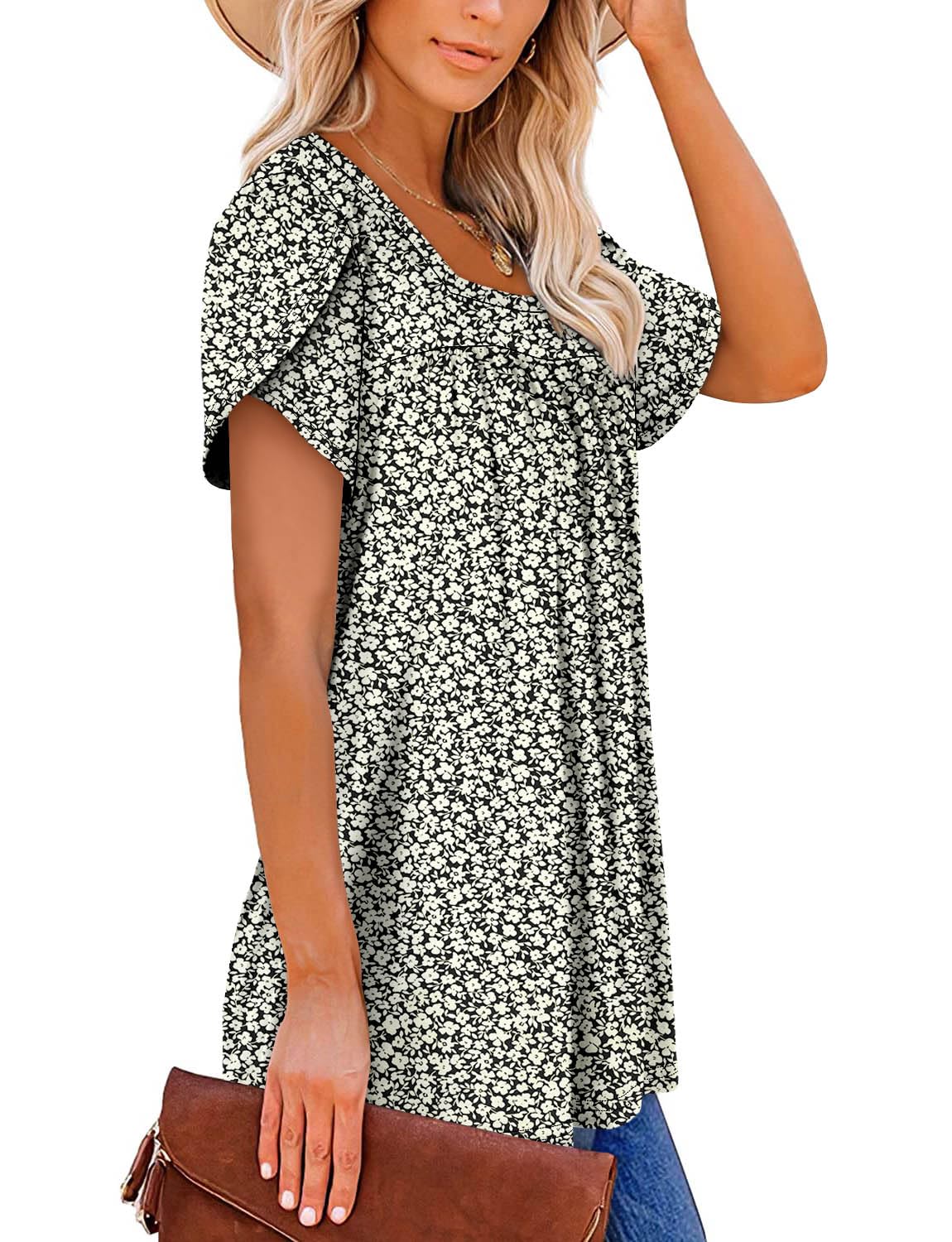 BETTE BOUTIK womens summer petal short sleeve women summer tops loose fit trendy tops square neck tops for women Jade White X-Large