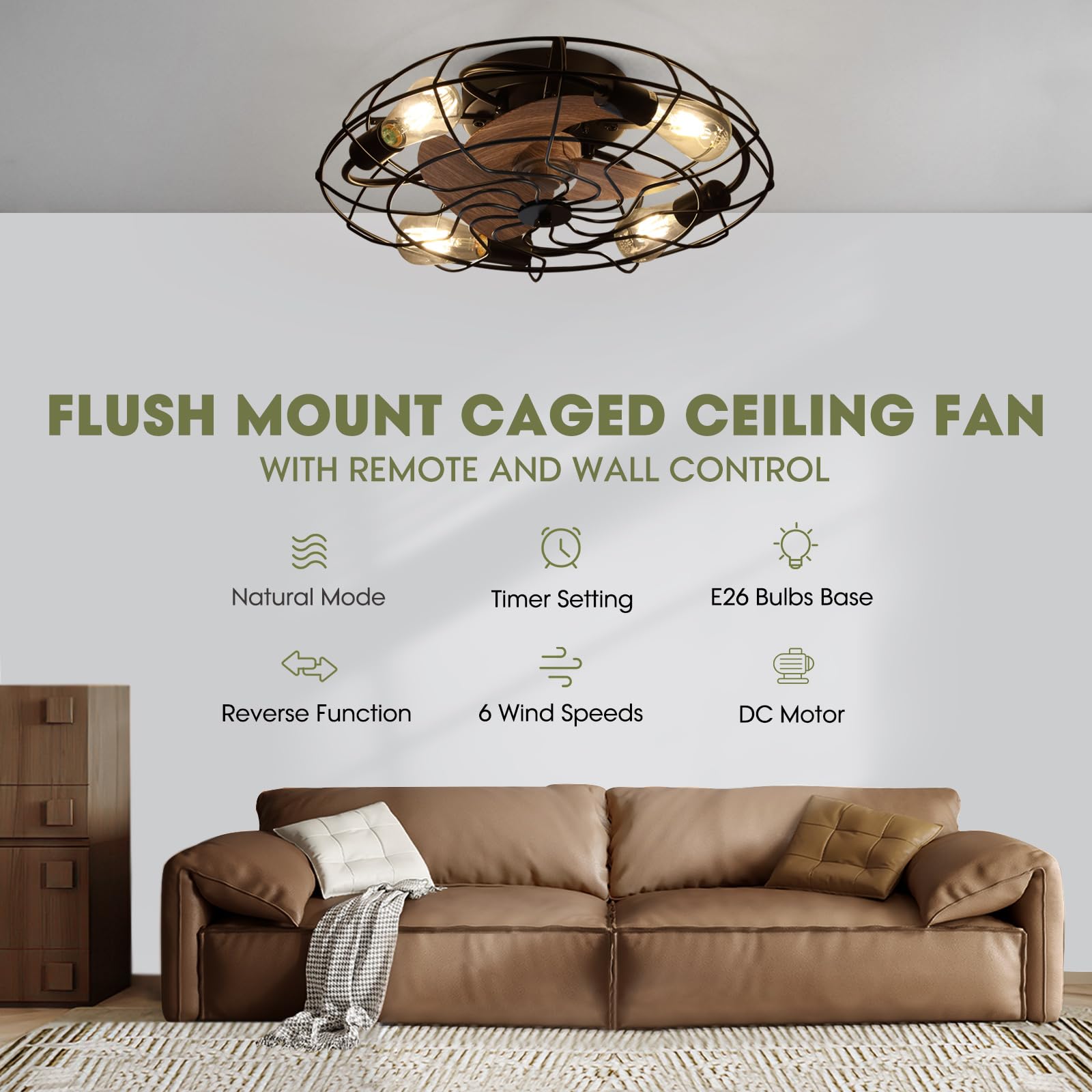 LUDOMIDE Caged Ceiling Fan with Light and Remote, 21" Small Flush Mount Ceiling Fan with Lights, 3 Enclosed Blades, 6 Wind Speeds Industrial Low Profile Ceiling Fan for Bedroom, Living Room