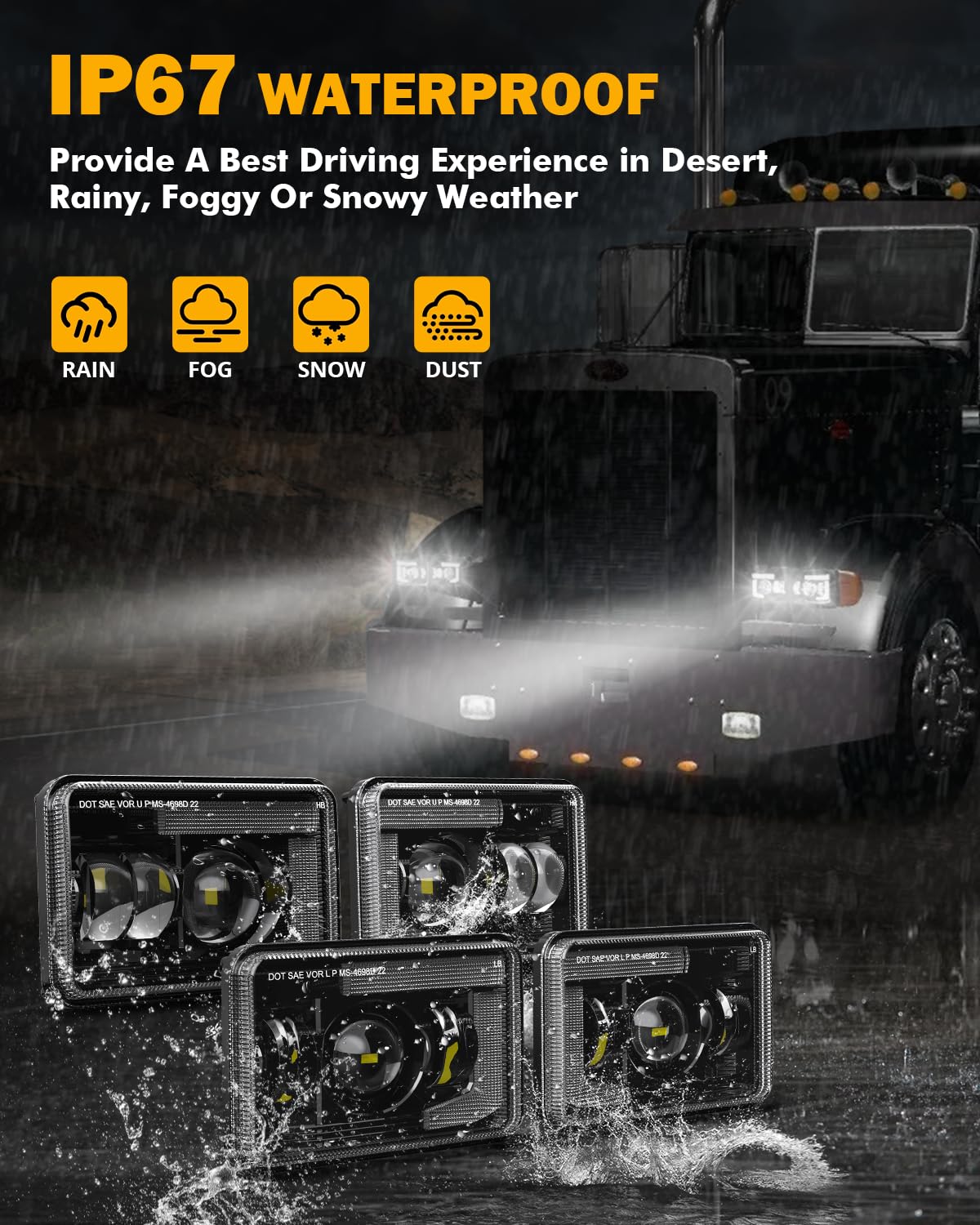 Auxbeam 4x6 LED Headlights with DRL Hi/Lo Beam Separately DOT Approved Rectangular Headlamps Replacement H4651 H4652 H4656 H4666 H6545 for Peterbil Kenworth Freightliner Ford Trucks, 4PCS Black