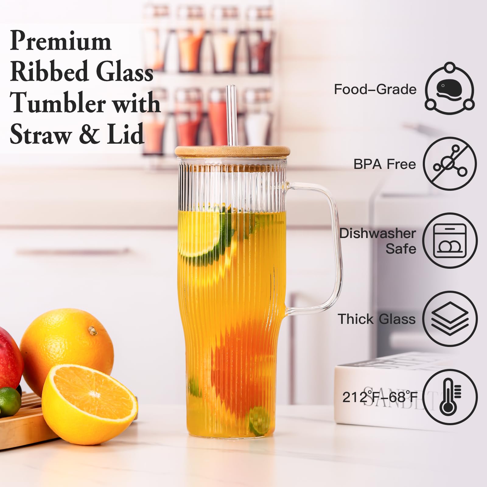 SIPBYSOP 40 oz Ribbed Glass Tumbler with Handle, 2 Pack Glass Cups with Lids and Straws, Large Iced Coffee Cup,Borosilicate, with Bamboo Lid and 4 Straws