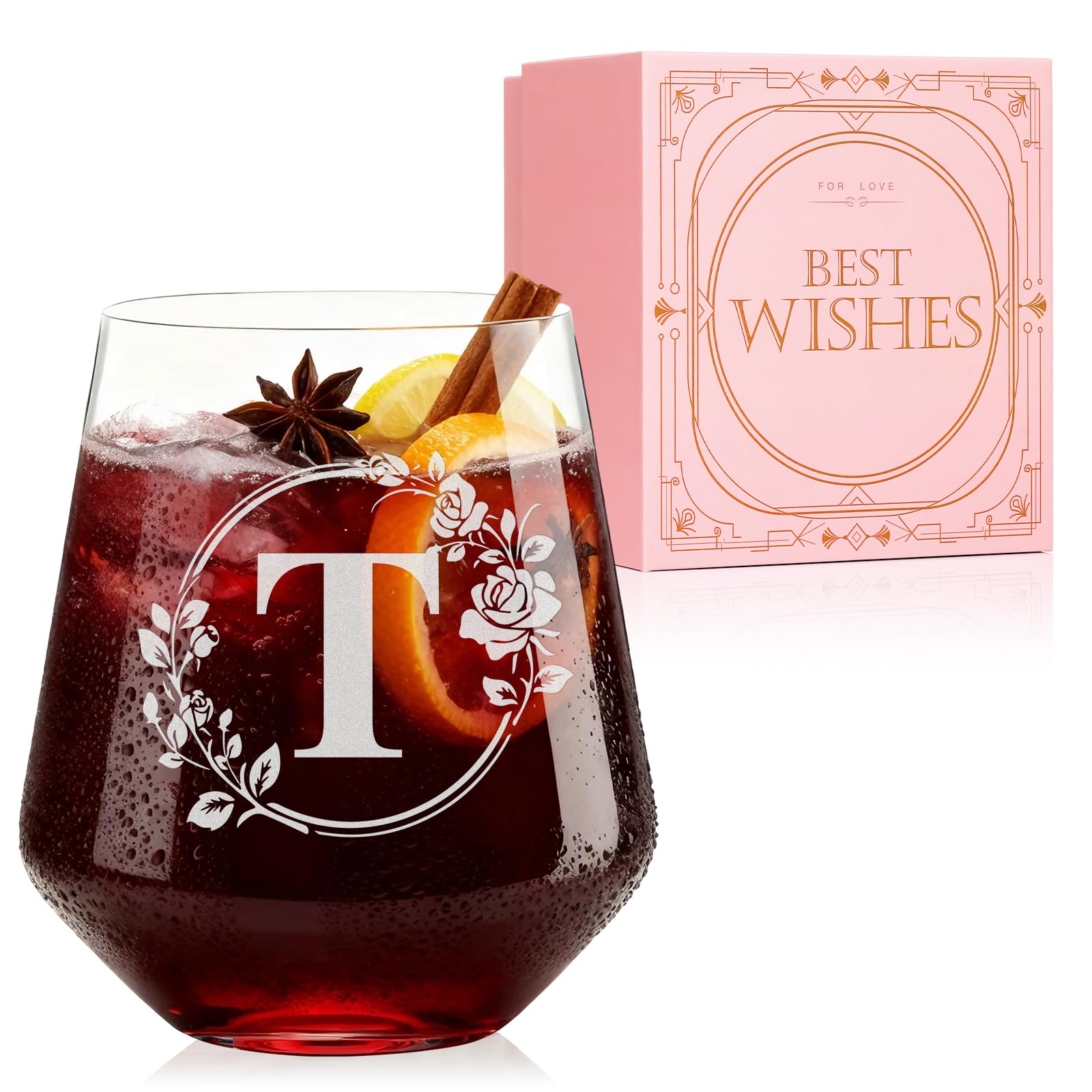 Personalized Stemless Wine Glass – Custom Engraved Monogrammed Initial Glasses,Bridal Shower, Birthday, Wedding, or Engagement Gift for Women Her-T