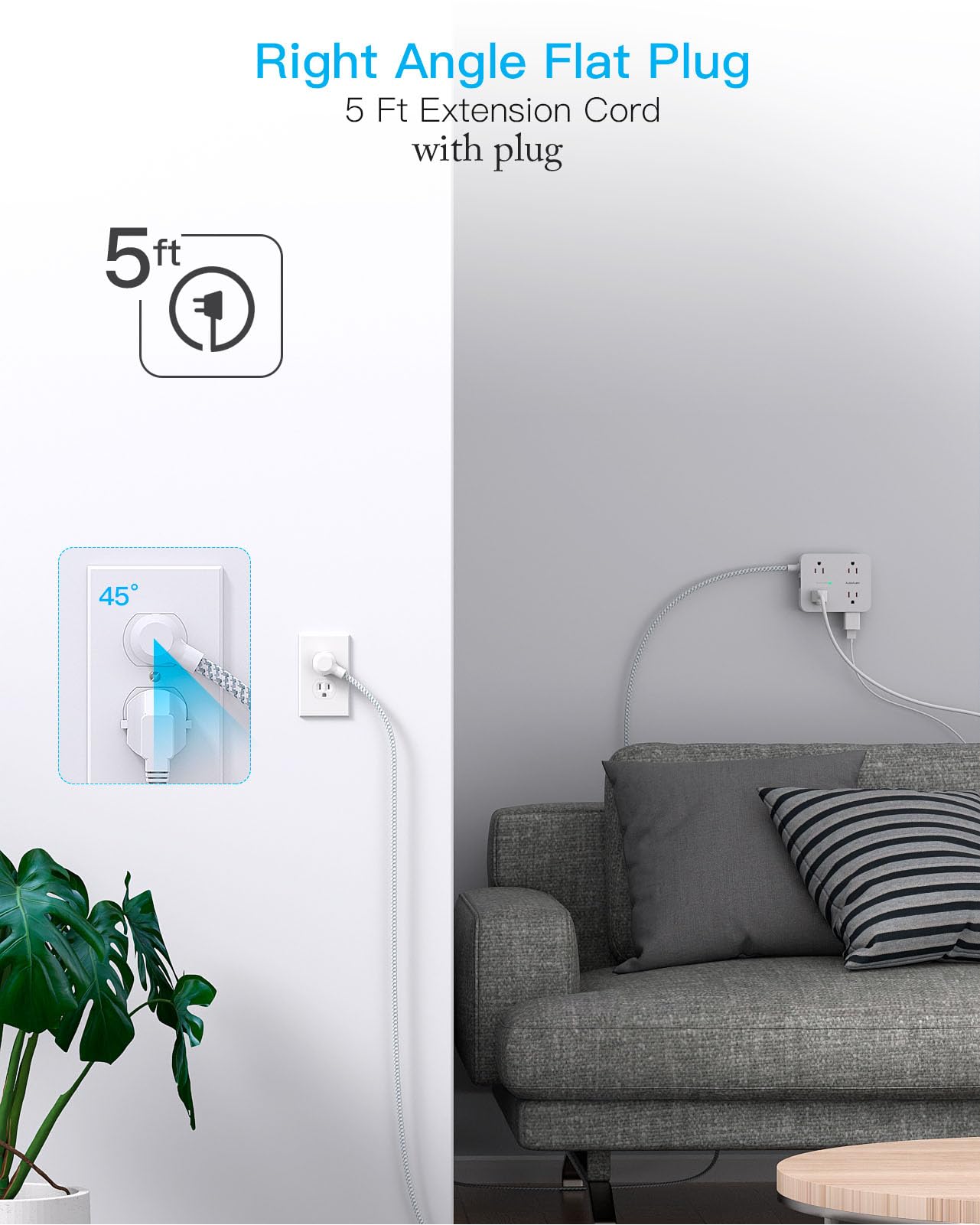 Extension Cord 20 Ft, Power Strip Surge Protector with 8 Outlets 4 USB Ports(2 USB C), Long Cord, Flat Plug, Wall Mount, Desk USB Charging Station for Home Office Essentials