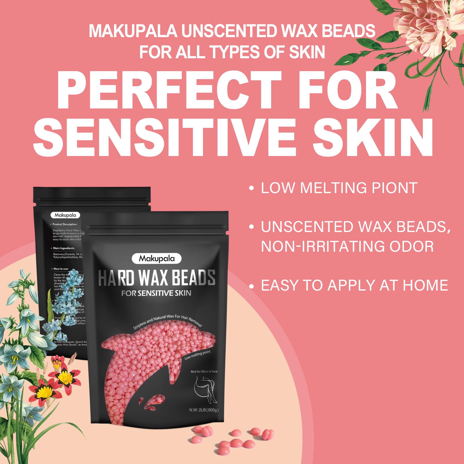 2lb Pink Hard Wax Beads for Sensitive Skin and 2.4lb Unscented Stripless Wax Beans for Bikini