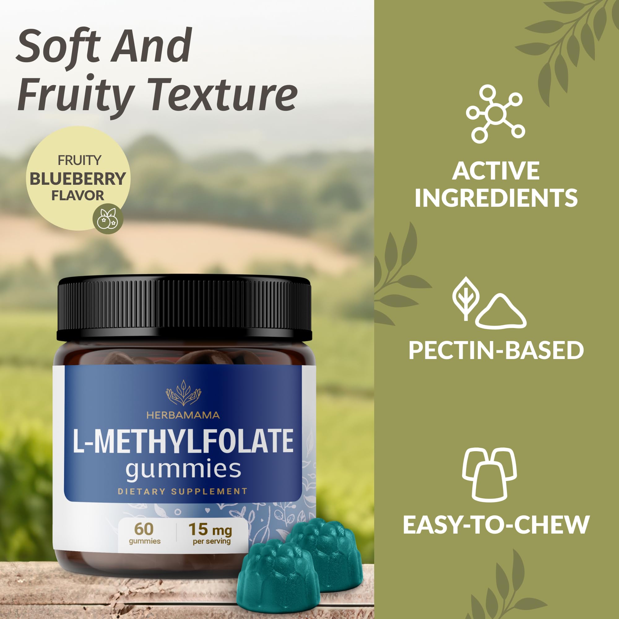 HERBAMAMA L-Methylfolate Gummies - 15mg 5-MTHF Calming Supplement for Adults - Vegan, Non-GMO Methylated Folate (Vitamin B9) for Brain Support - 60 Pectin-Based Blueberry-Flavored Chews
