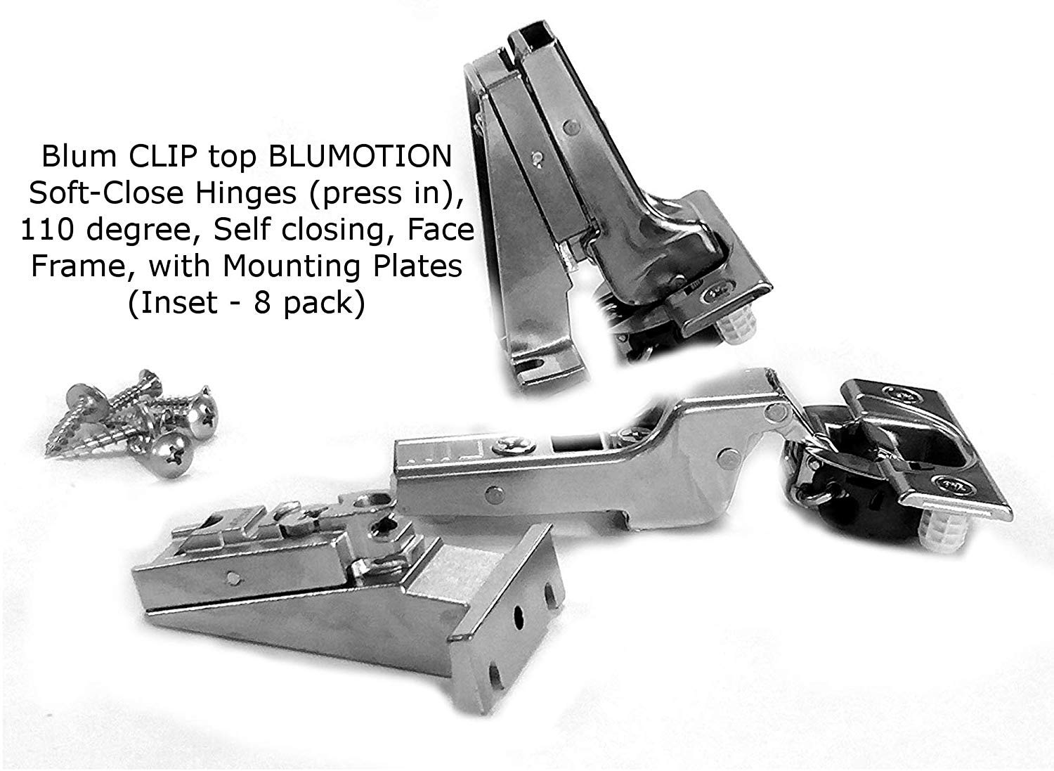Blum CLIP top BLUMOTION Soft-Close Hinges, 110 degree, Self closing, Face Frame, with Mounting Plates (Inset - 8 pack)