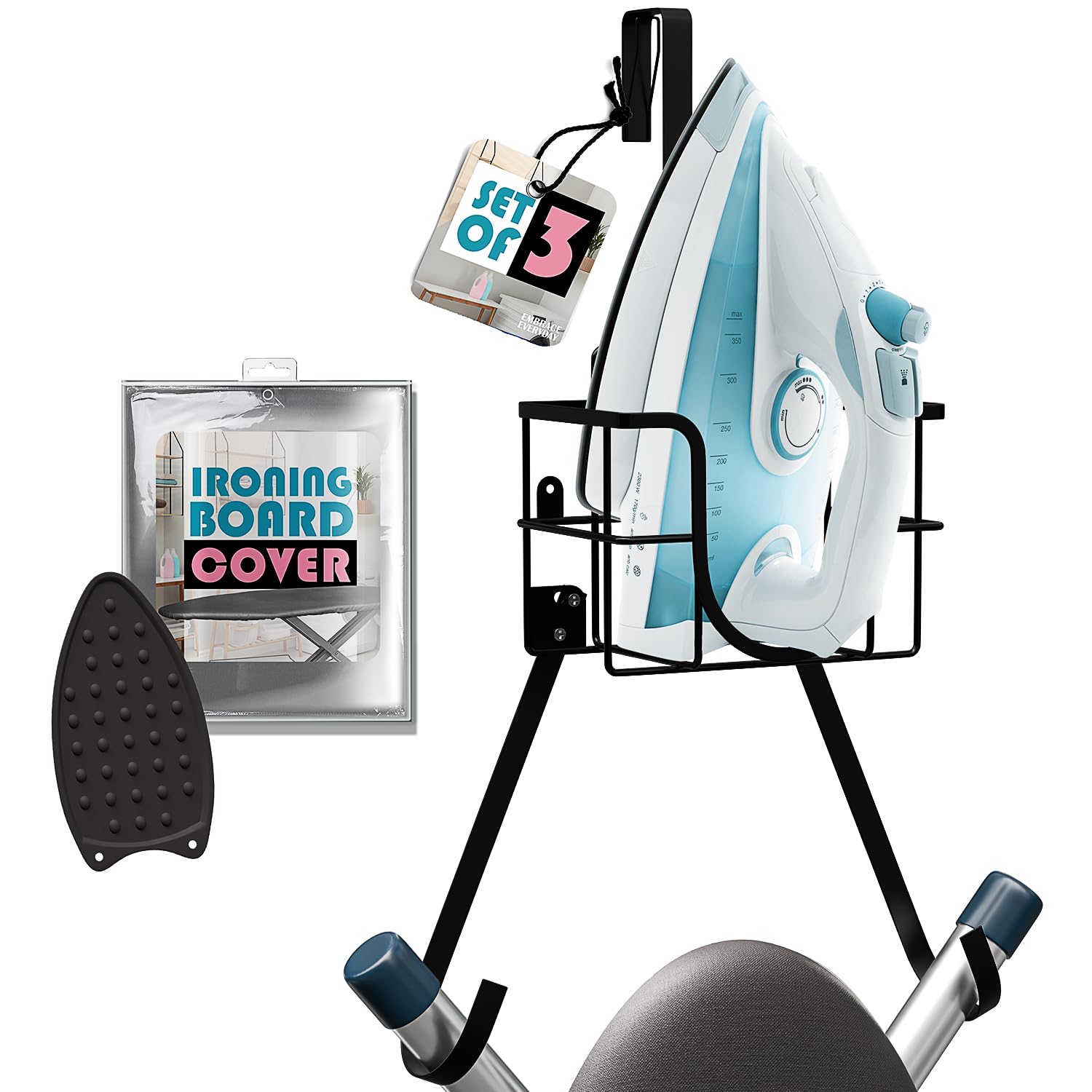 Set of 3 Ironing Board Holder Wall Mount & Over The Door Hanger, Laundry Room Ironing Board & Iron Hanger, Storage Caddy Iron Holder T&V Shaped Ironing Board Cover and Pad Set Full Size Iron Holder