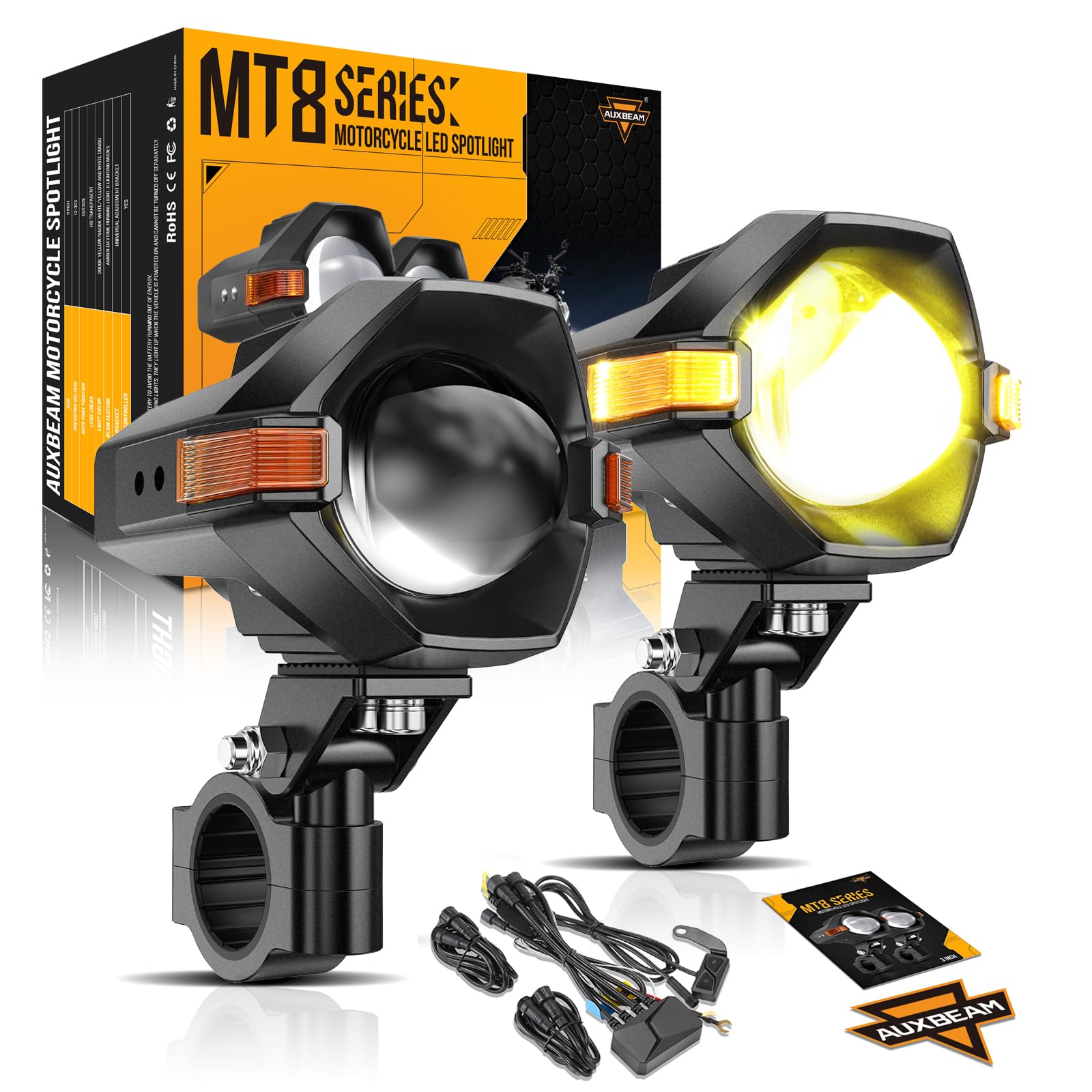 Auxbeam Motorcycle LED Fog Lights Auxiliary Lights Driving Light Spotlights 8 Modes White/Amber Dual Color Strobe Switchback 3 Inch 60W LED Offroad Work Light for Motorcycle ATV UTV Trucks - 2Pcs