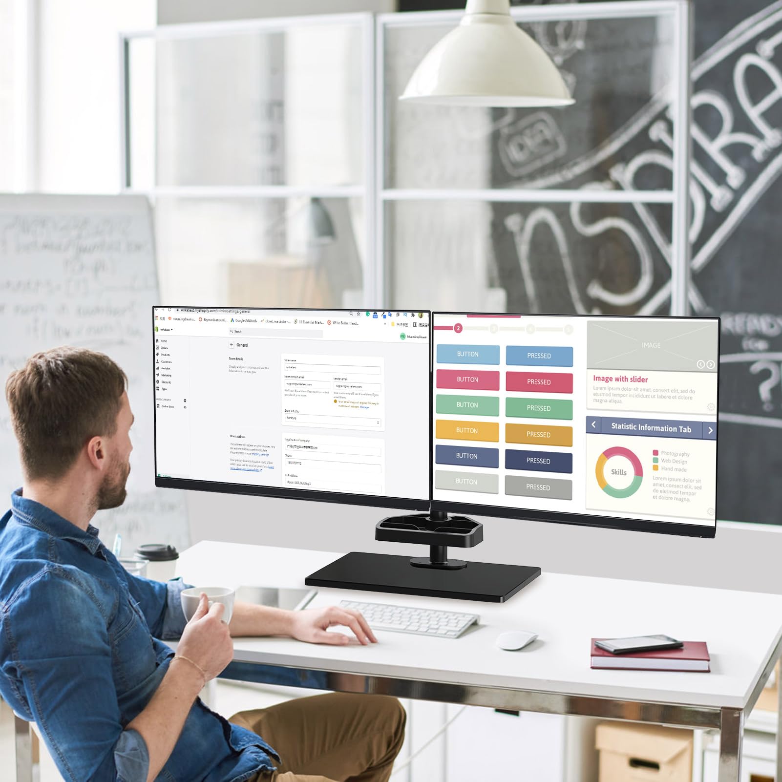 MOUNTUP Dual Monitor Stand, Free Standing Monitor Desk Mount for 2 Screens fits 13-27 inch, Holds Max 17.6 lbs, Computer Monitor Arms with Tempered Glass Base & Storage Tray VESA 75x75 &100x100mm